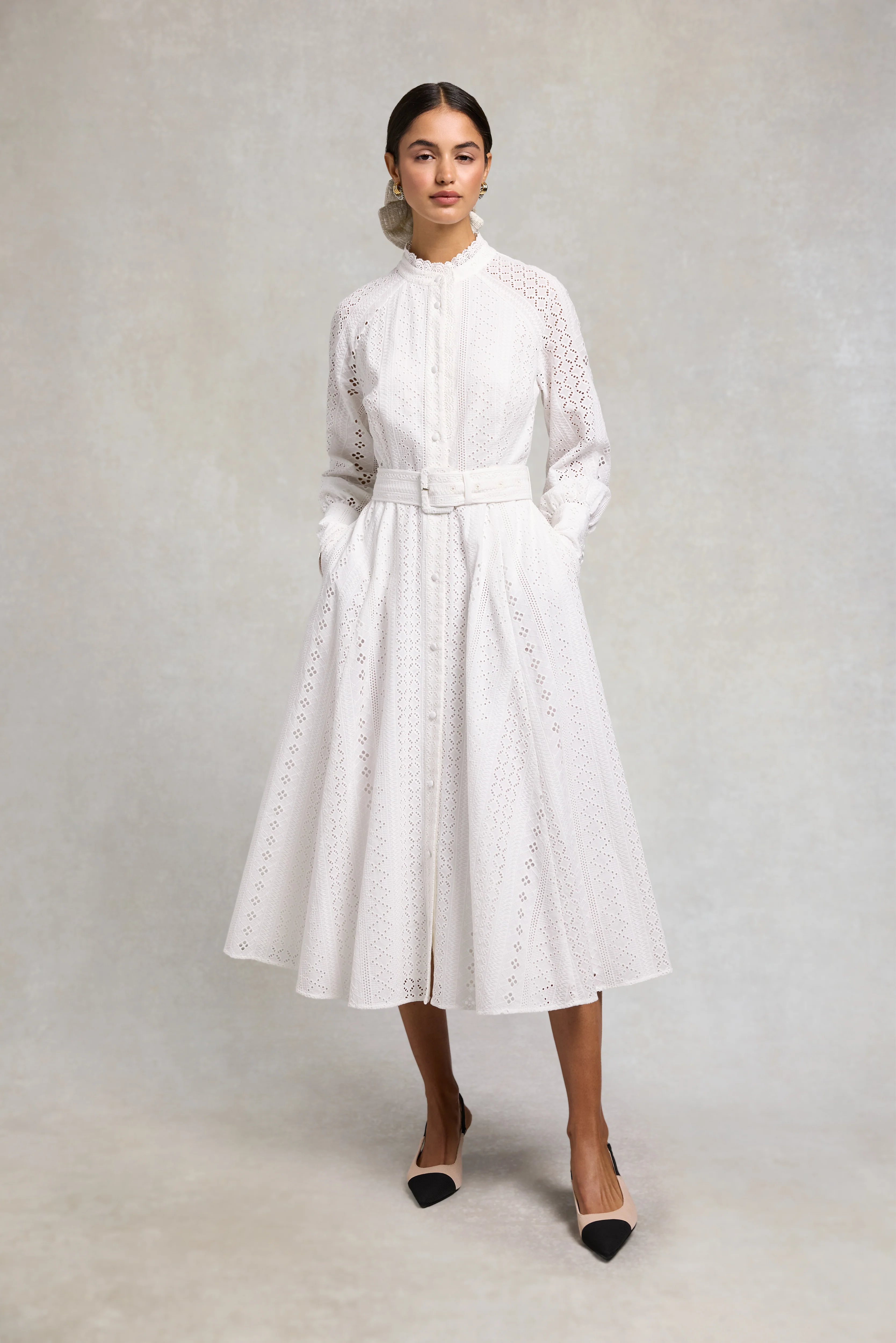 Aimee Collarless Broderie Dress (White) - Image 2