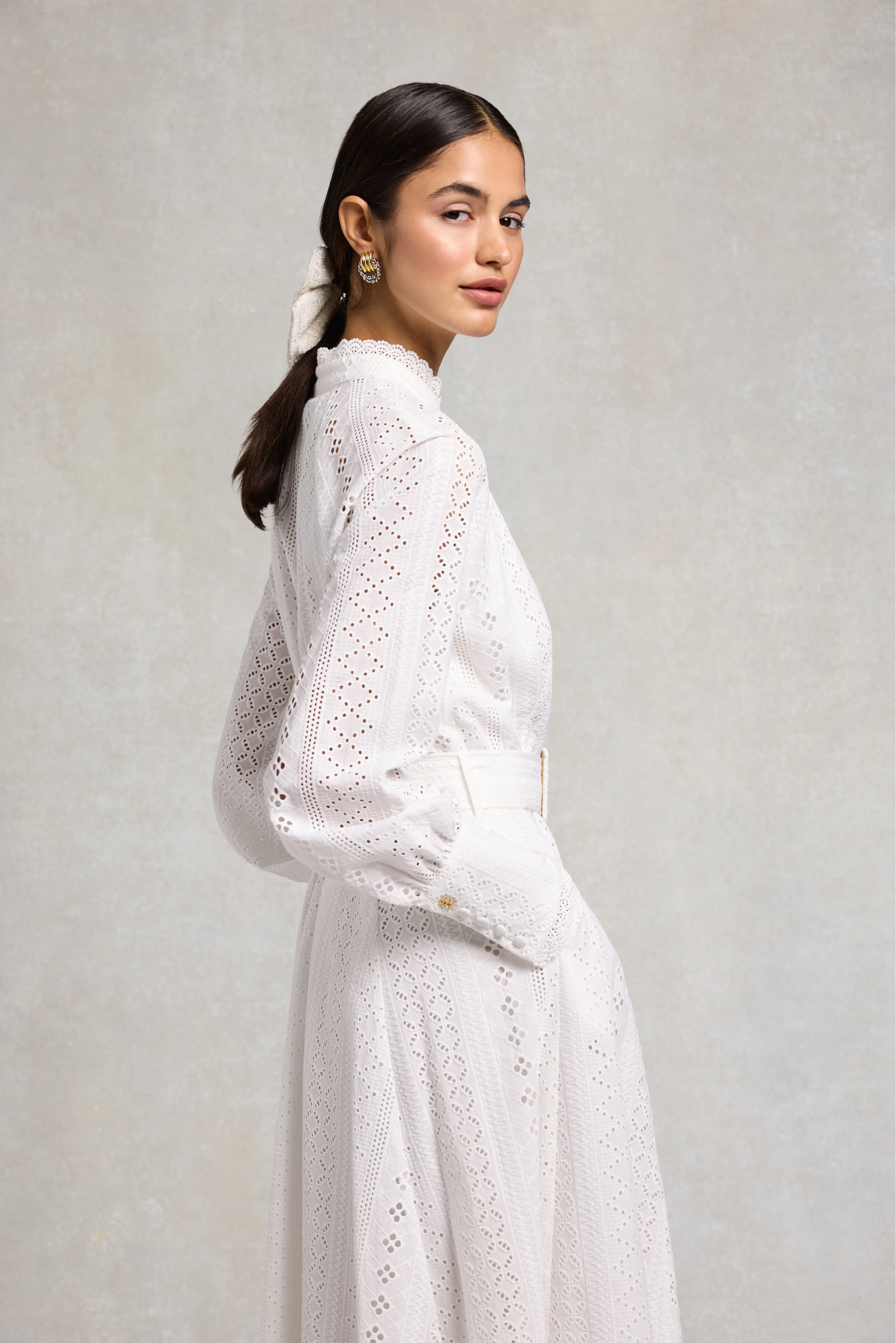 Aimee Collarless Broderie Dress (White) - Image 7