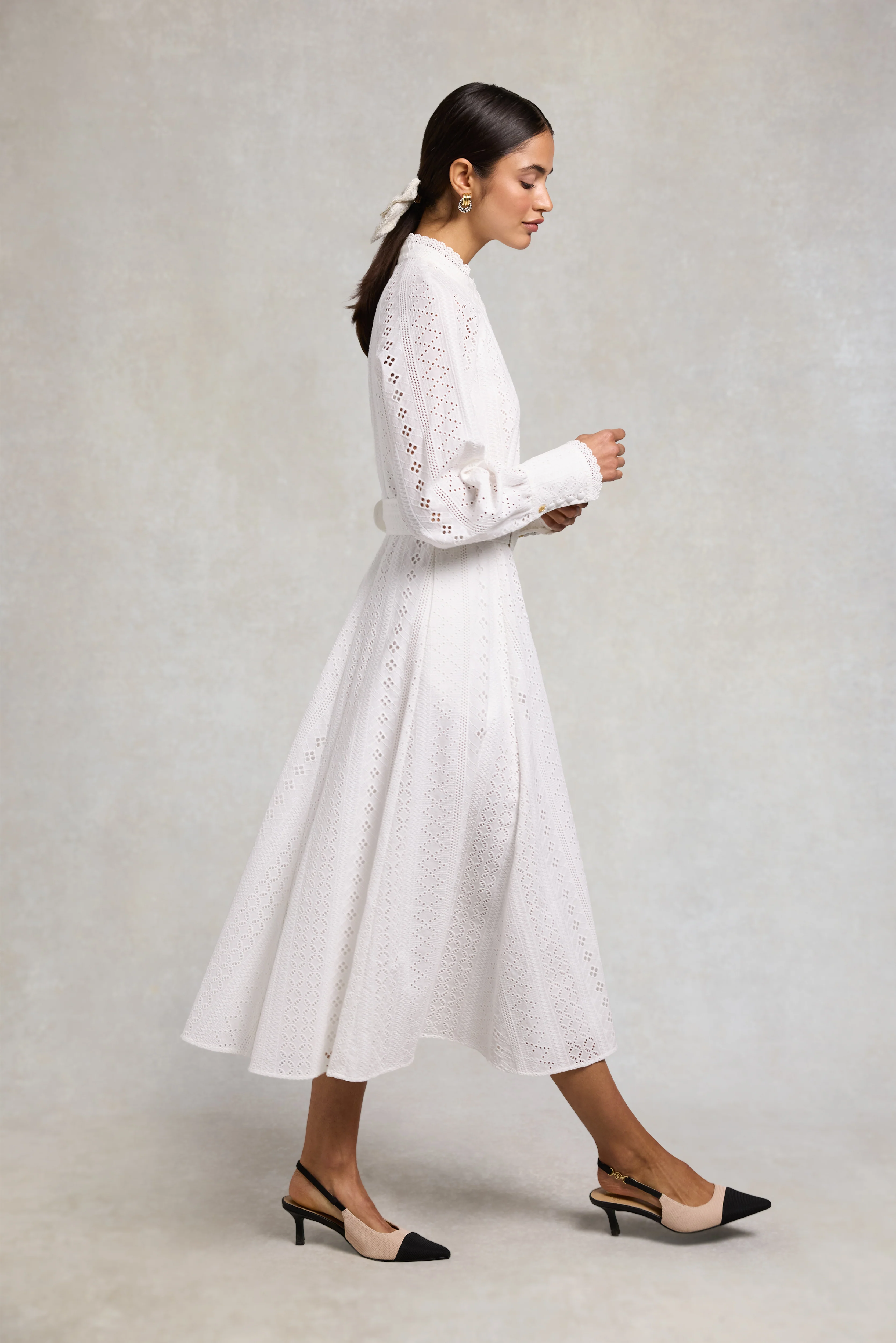 Aimee Collarless Broderie Dress (White) - Image 9