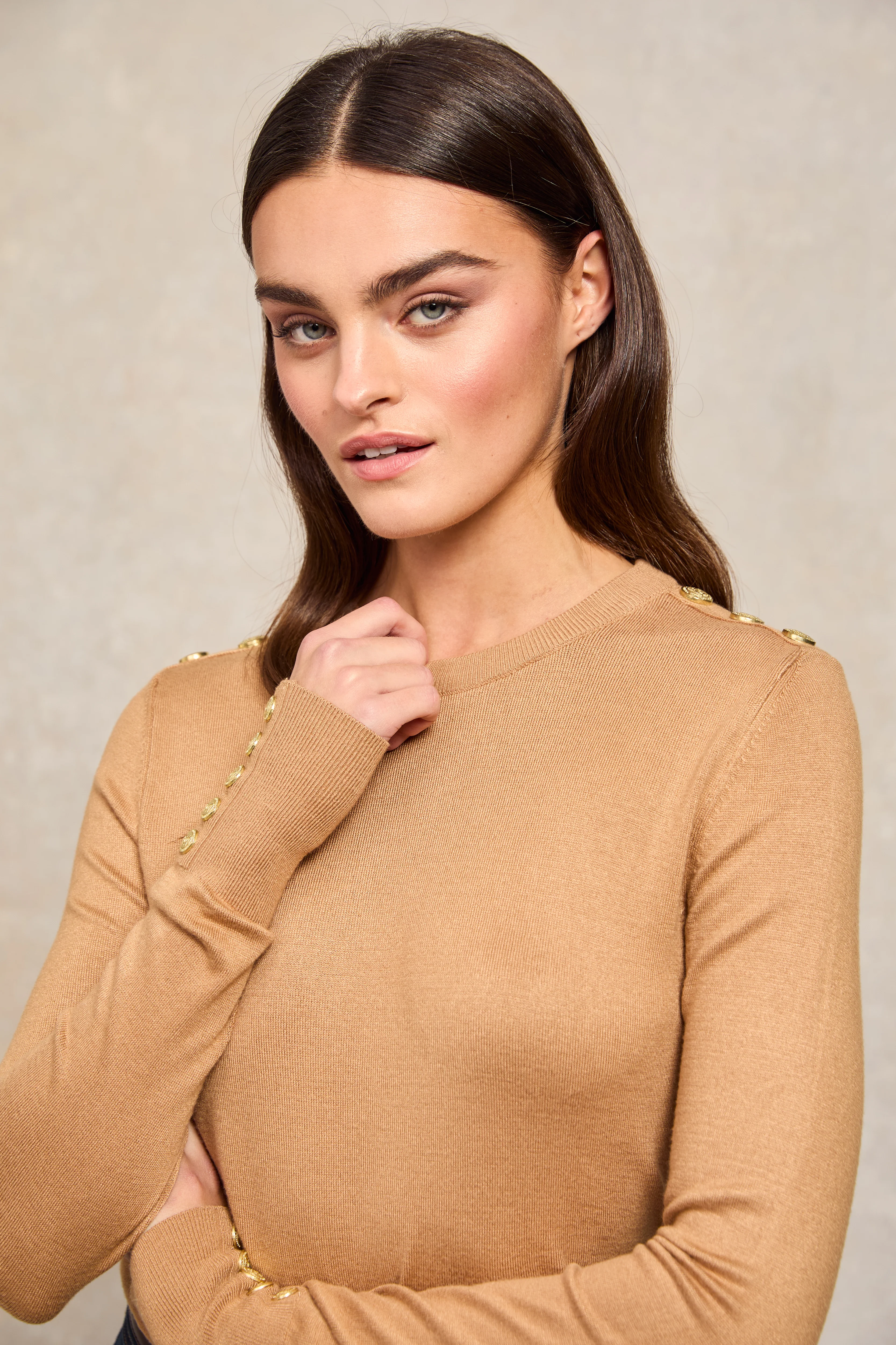 Buttoned Knit Crew Neck (Dark Camel) - Image 2