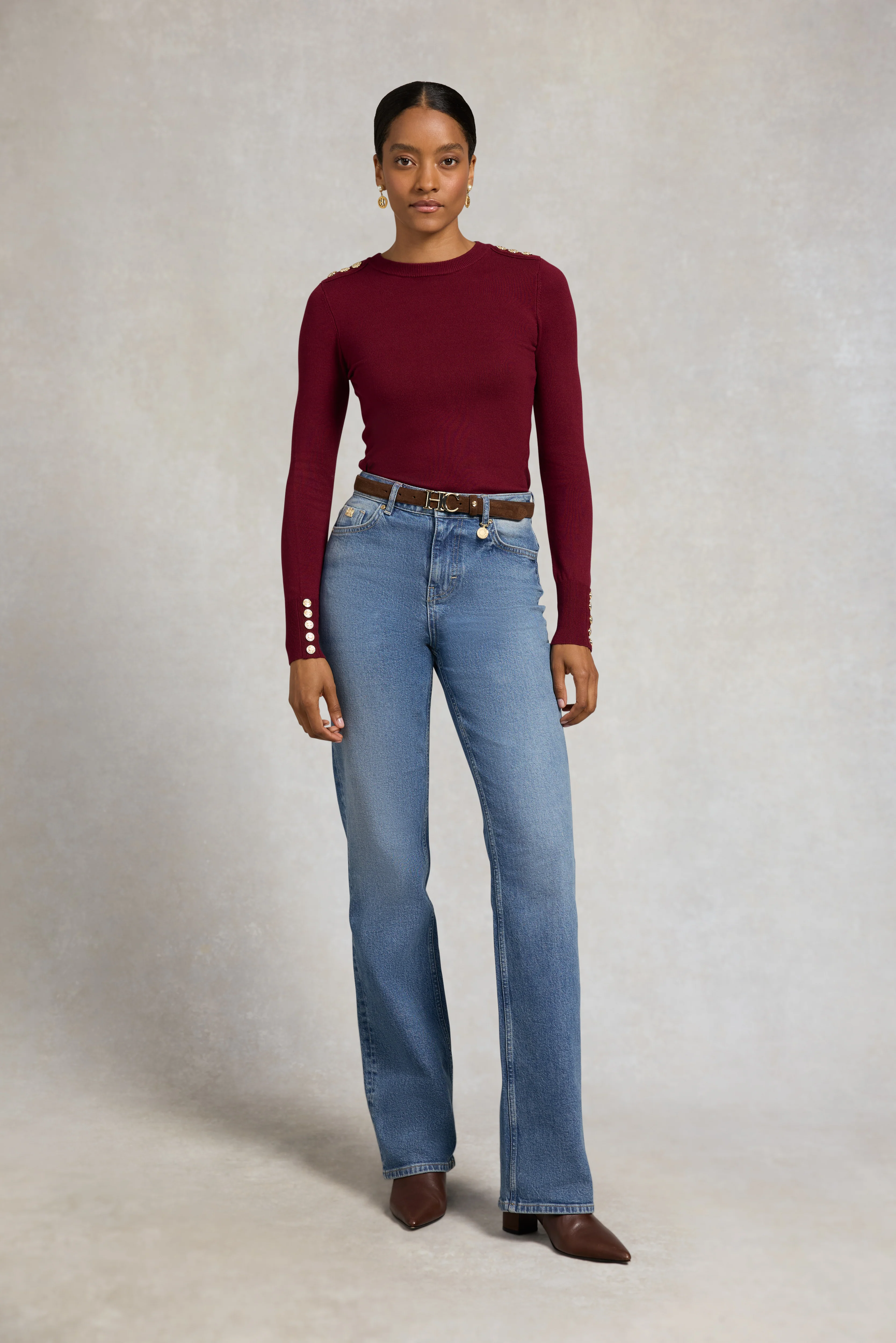 Buttoned Knit Crew Neck (Wine) - Image 2