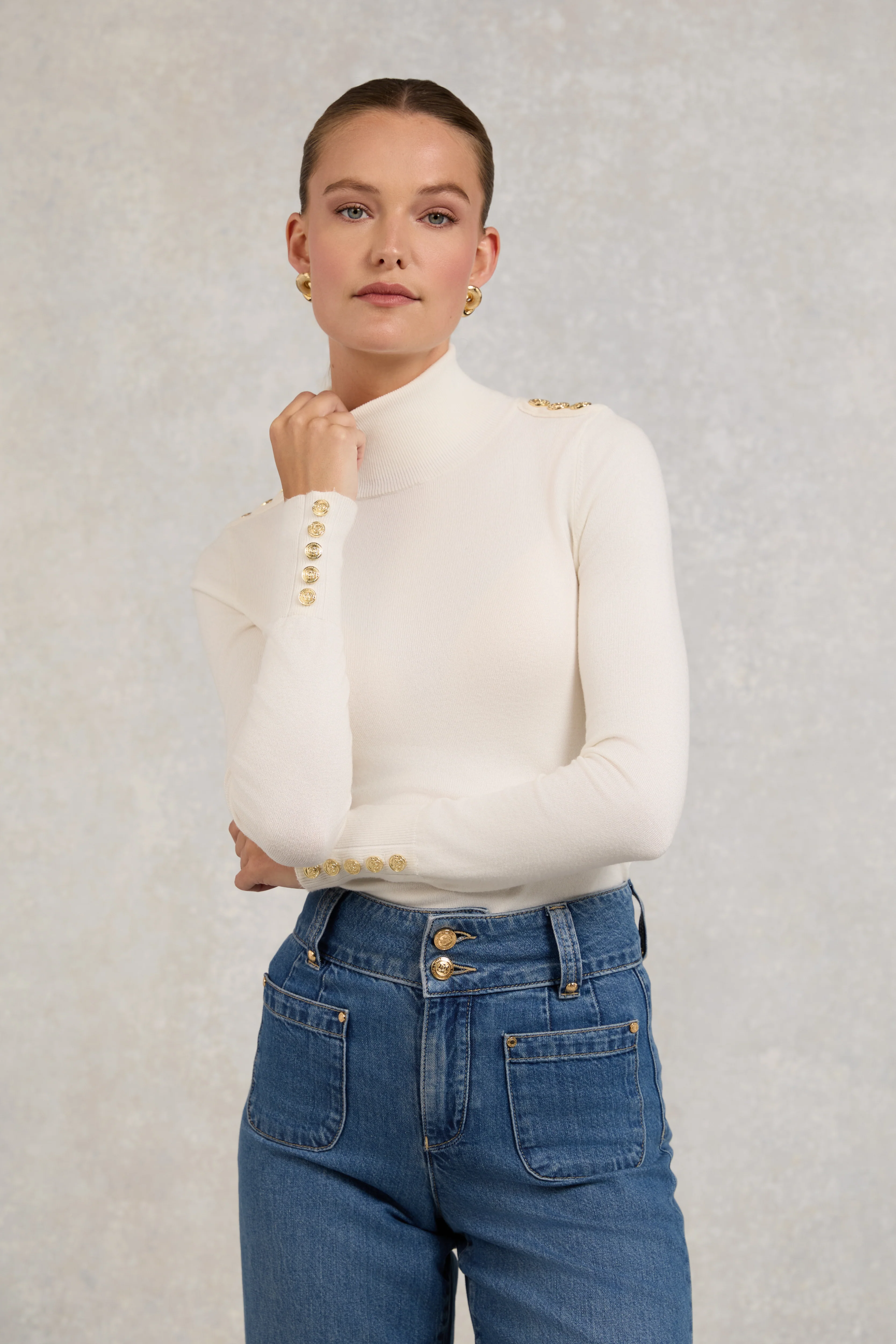 Buttoned Knit Roll Neck (Cream) - Image 3