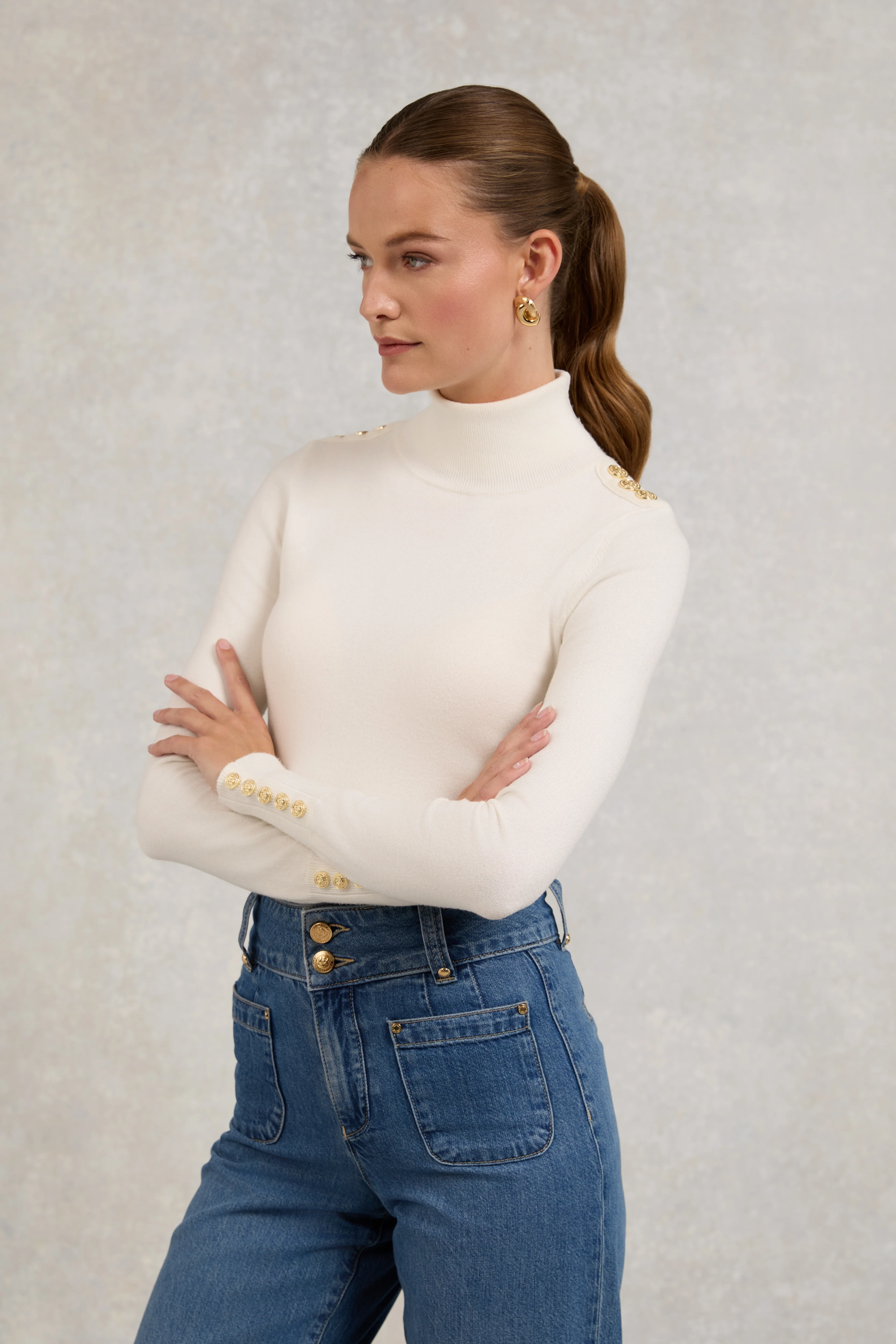 Buttoned Knit Roll Neck (Cream) - Image 6