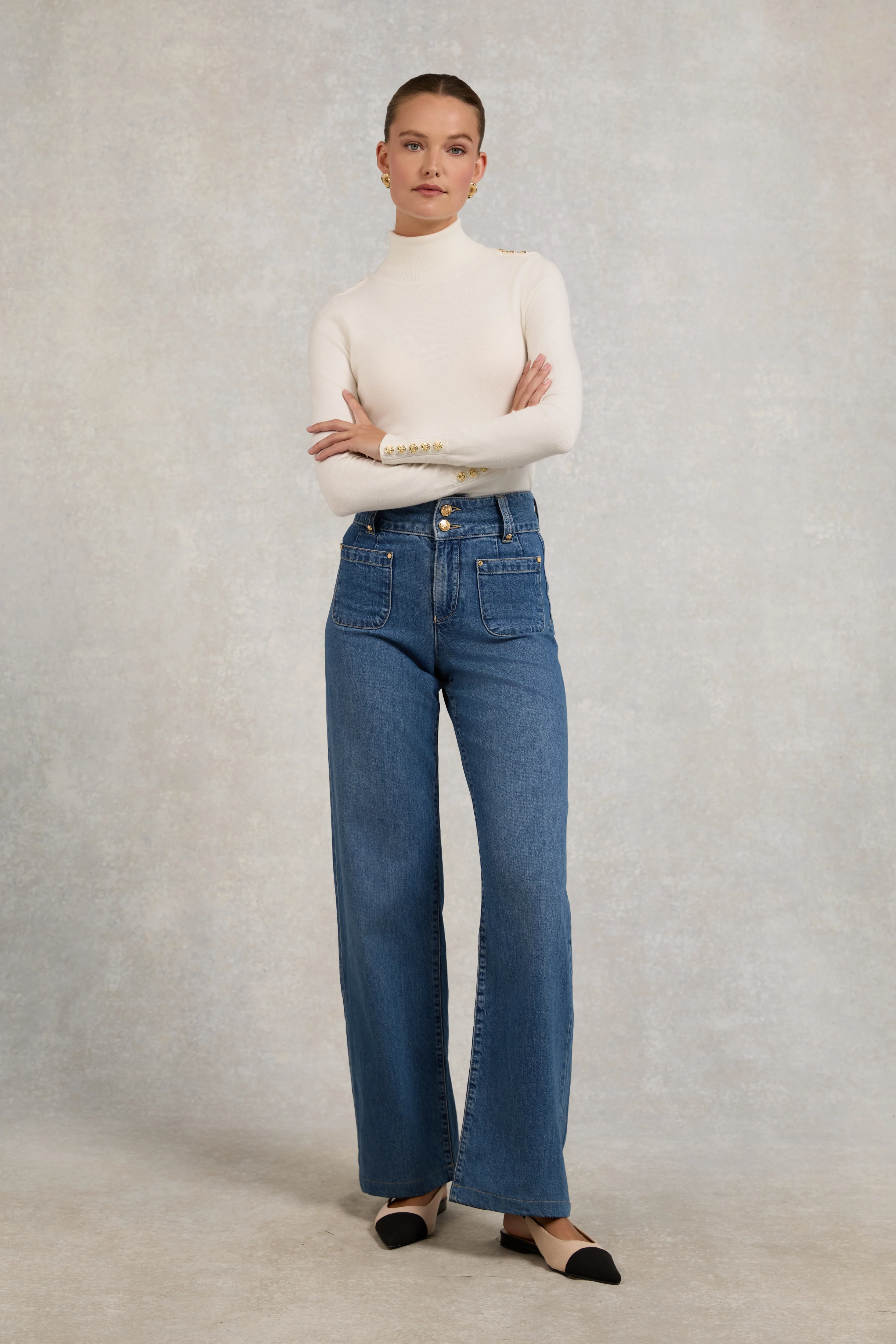 Buttoned Knit Roll Neck (Cream) - Image 7