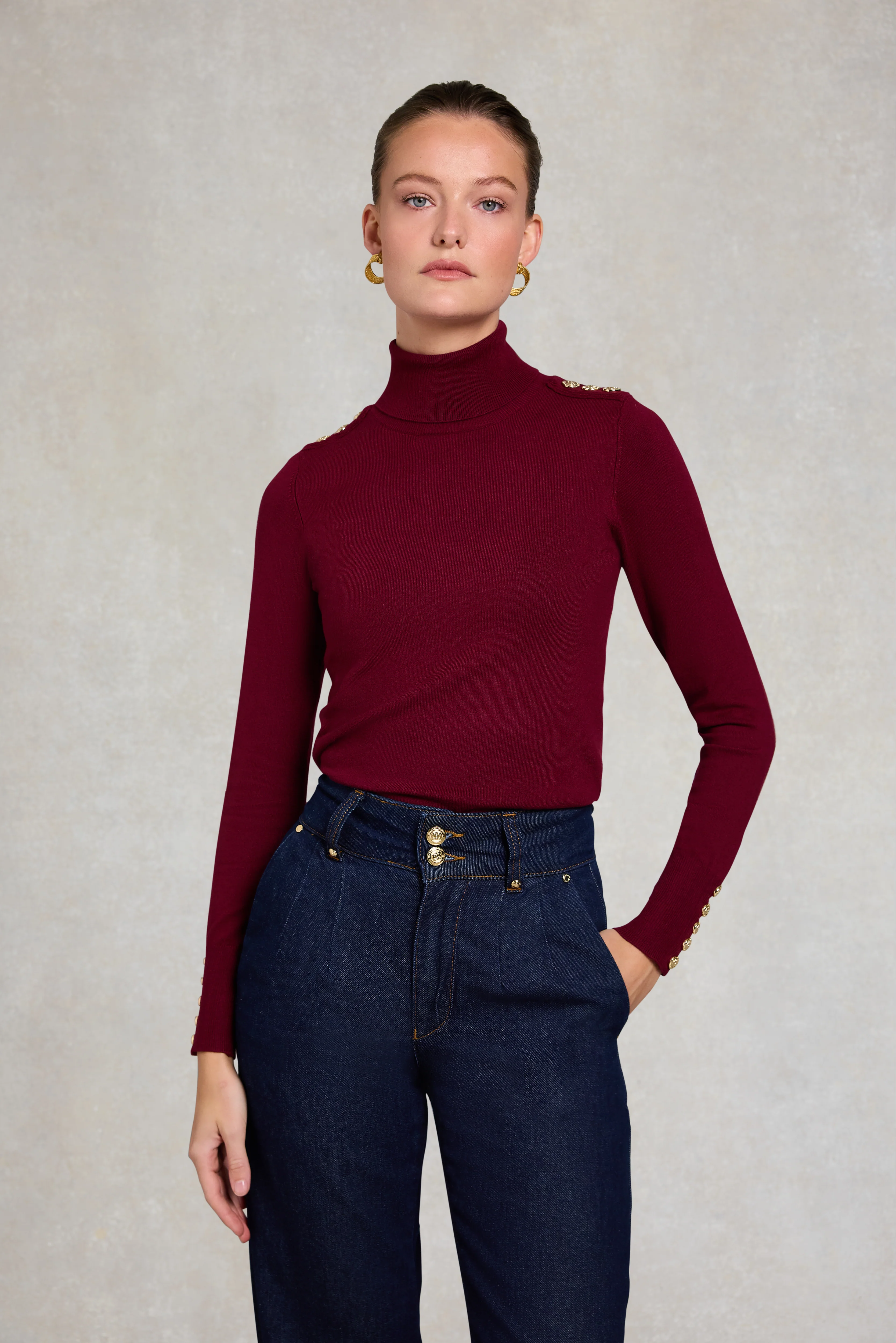 Buttoned Knit Roll Neck (Wine)