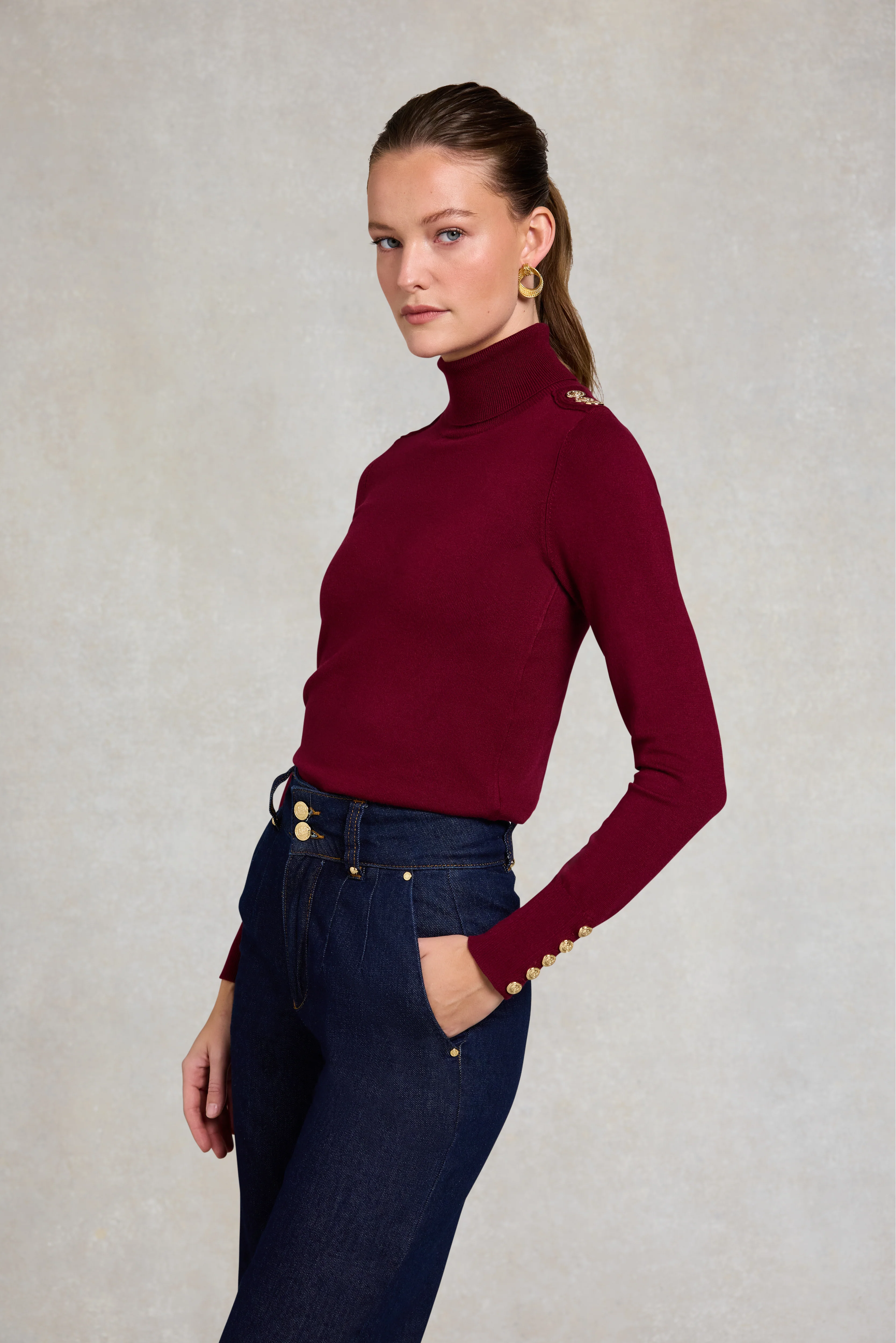 Buttoned Knit Roll Neck (Wine) - Image 2