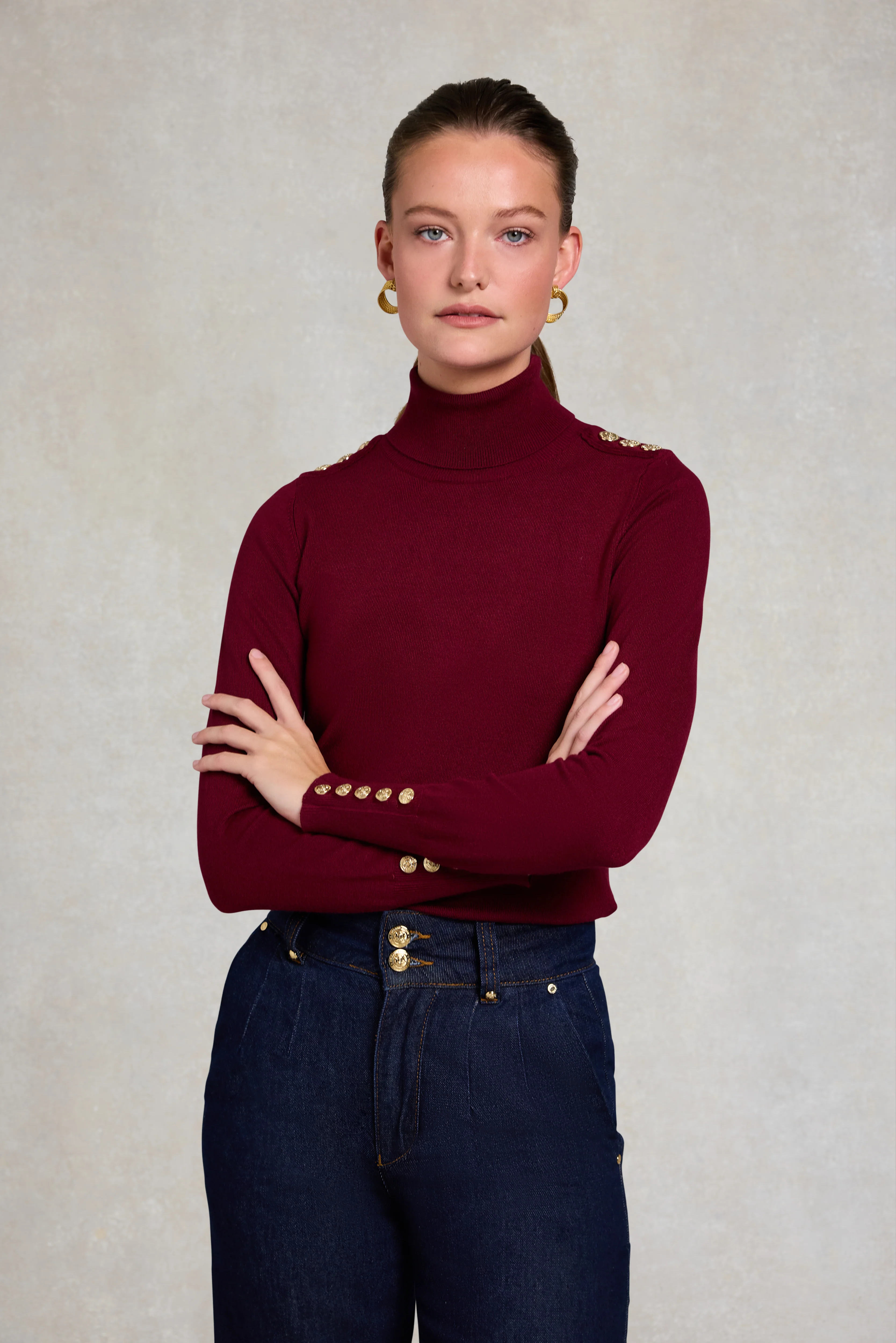 Buttoned Knit Roll Neck (Wine) - Image 6