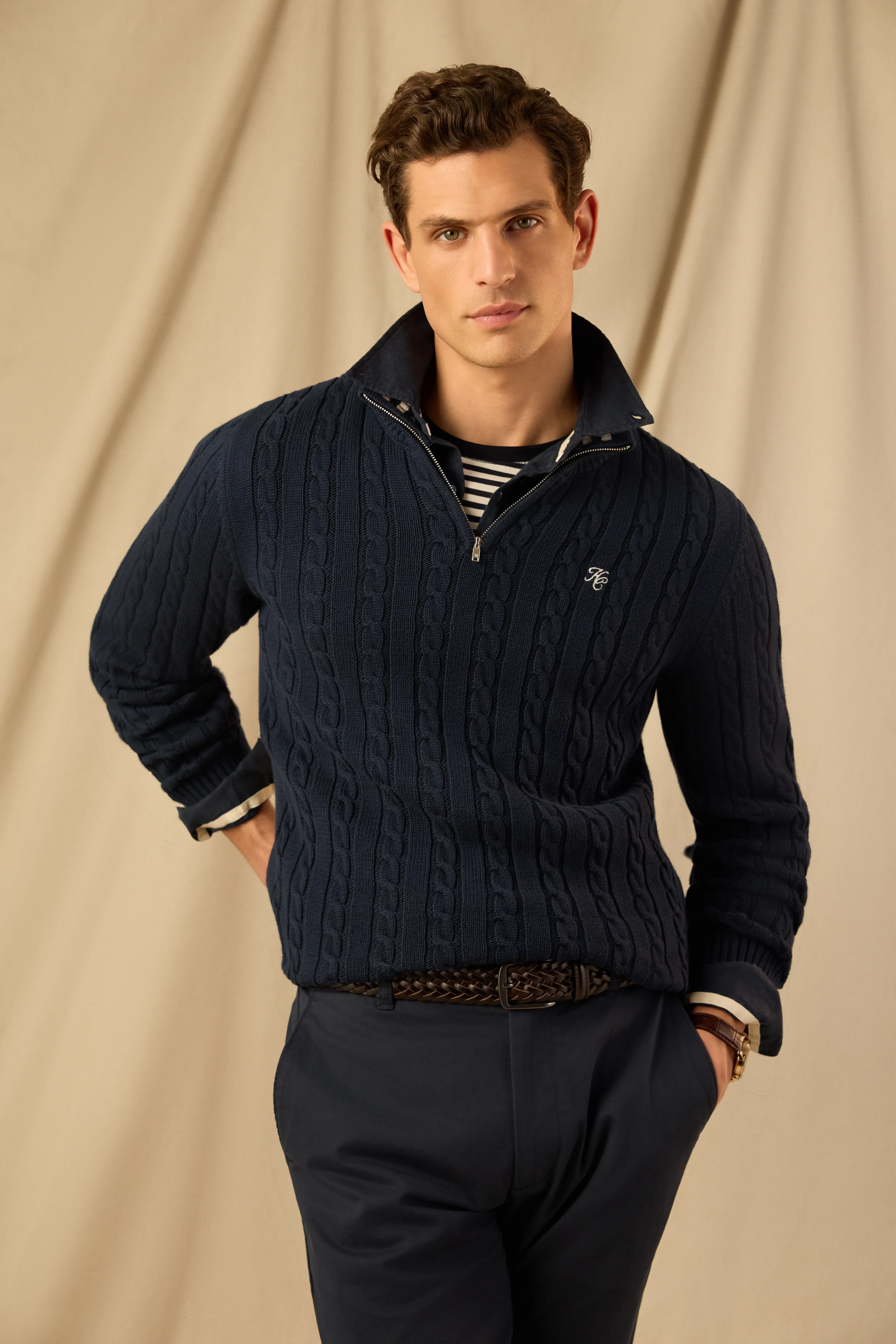 Men's Cable Quarter Zip Knit (Ink Navy)