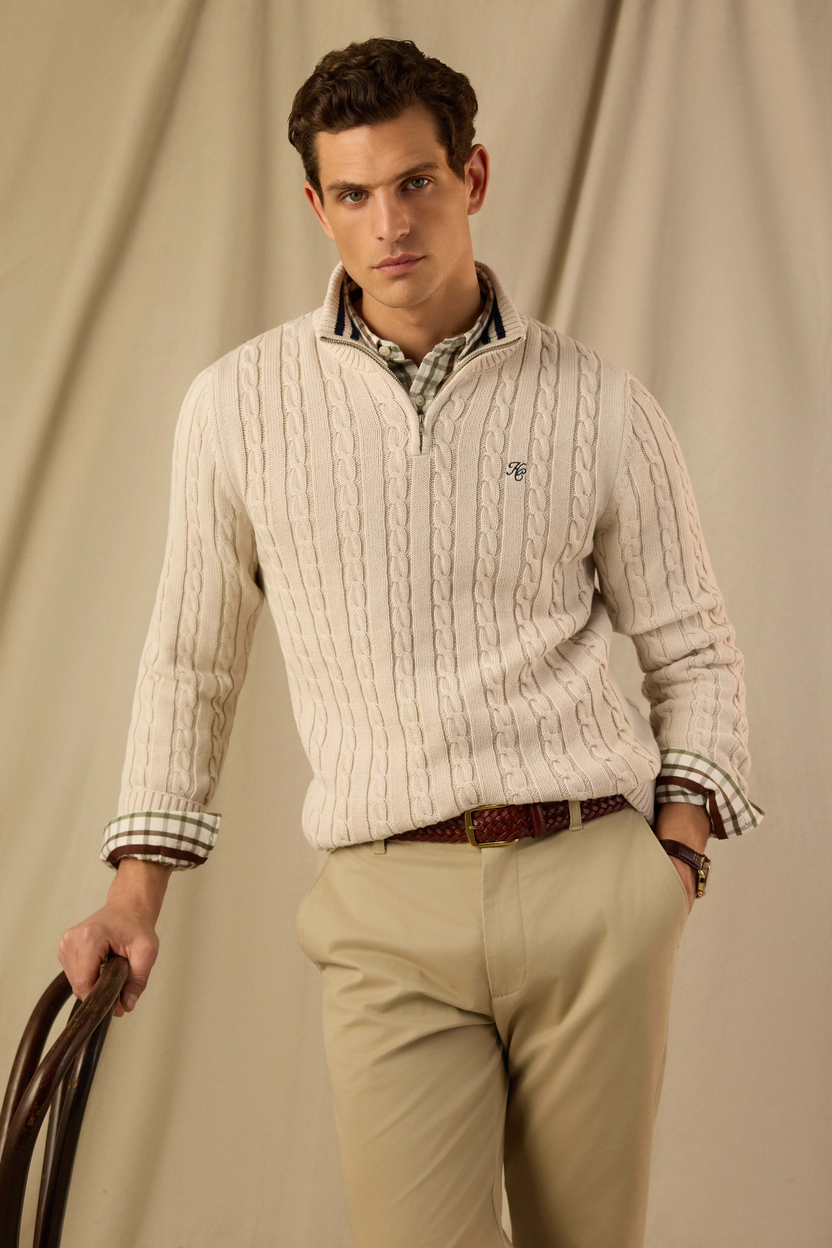 Men's Cable Quarter Zip Knit (Stone)