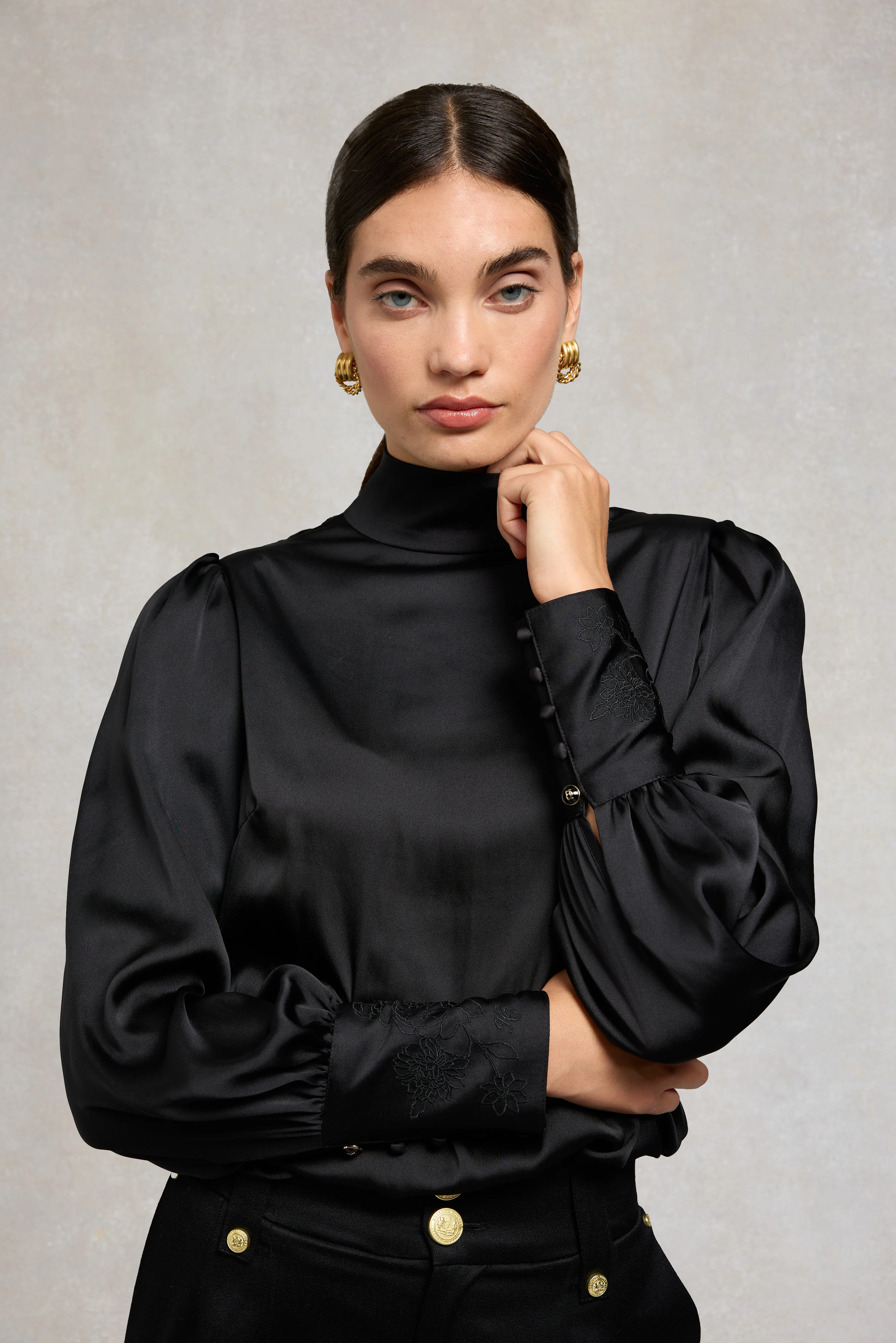 Carmen High Neck Blouse (Black Satin) - Image 2