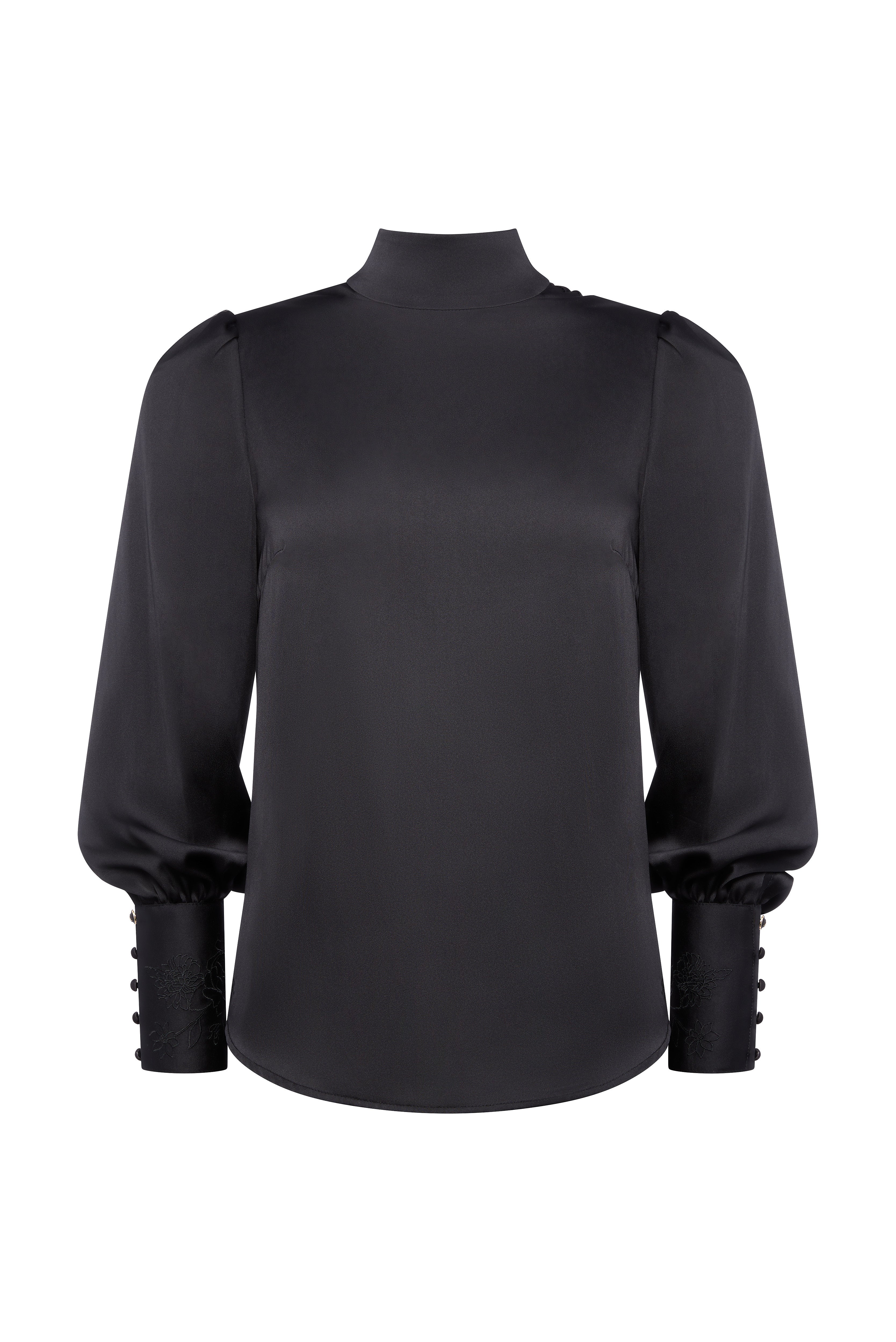 Carmen High Neck Blouse (Black Satin) - Image 4