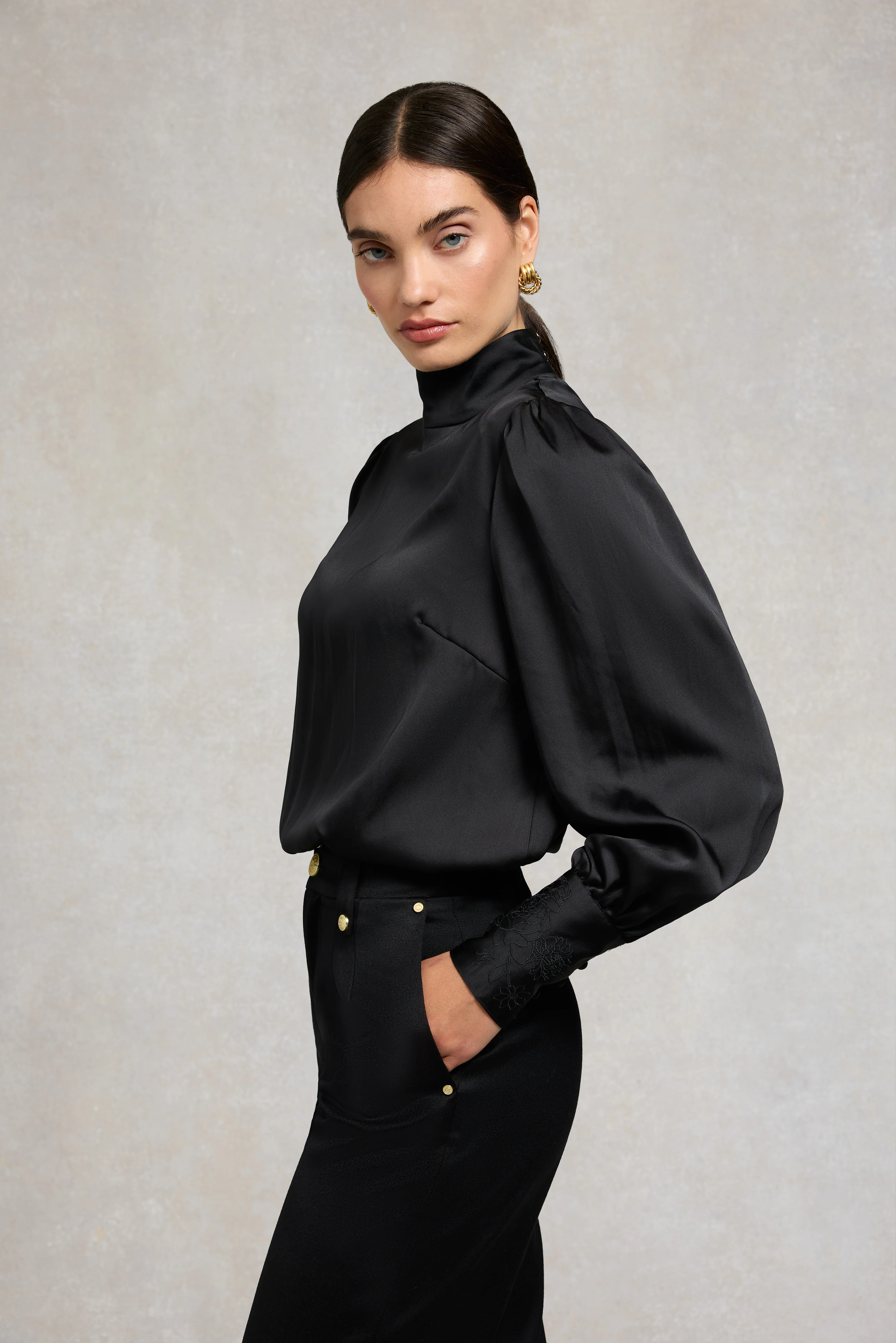 Carmen High Neck Blouse (Black Satin) - Image 7