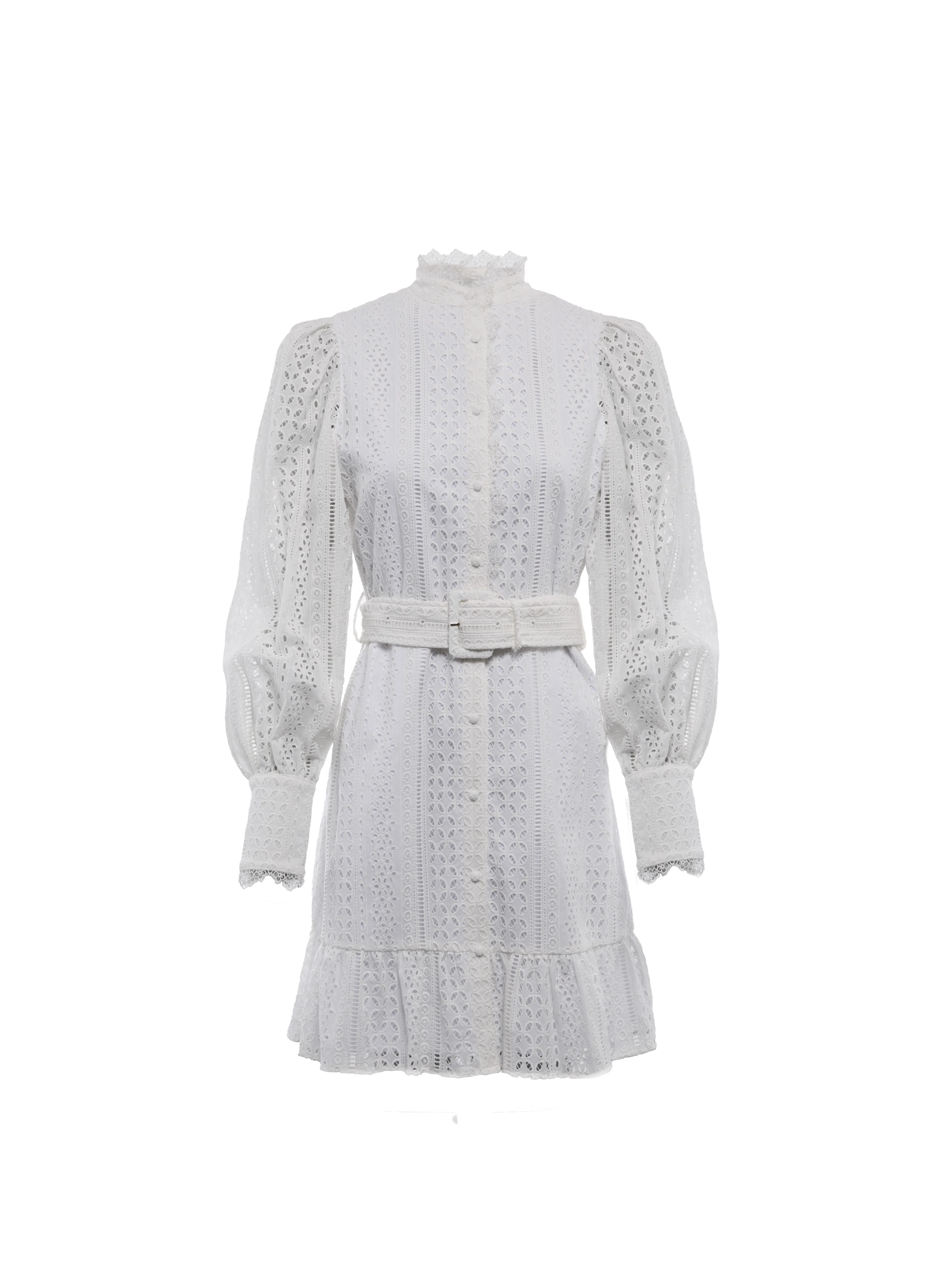 Collarless Broderie Mini Dress (White) - Image 4