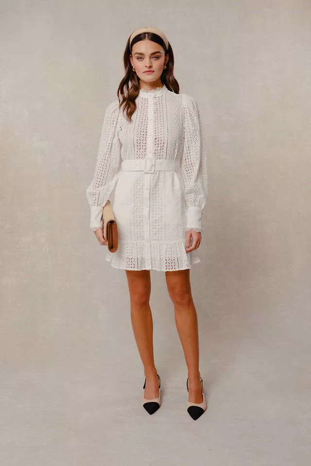 Collarless Broderie Mini Dress (White) - Image 5