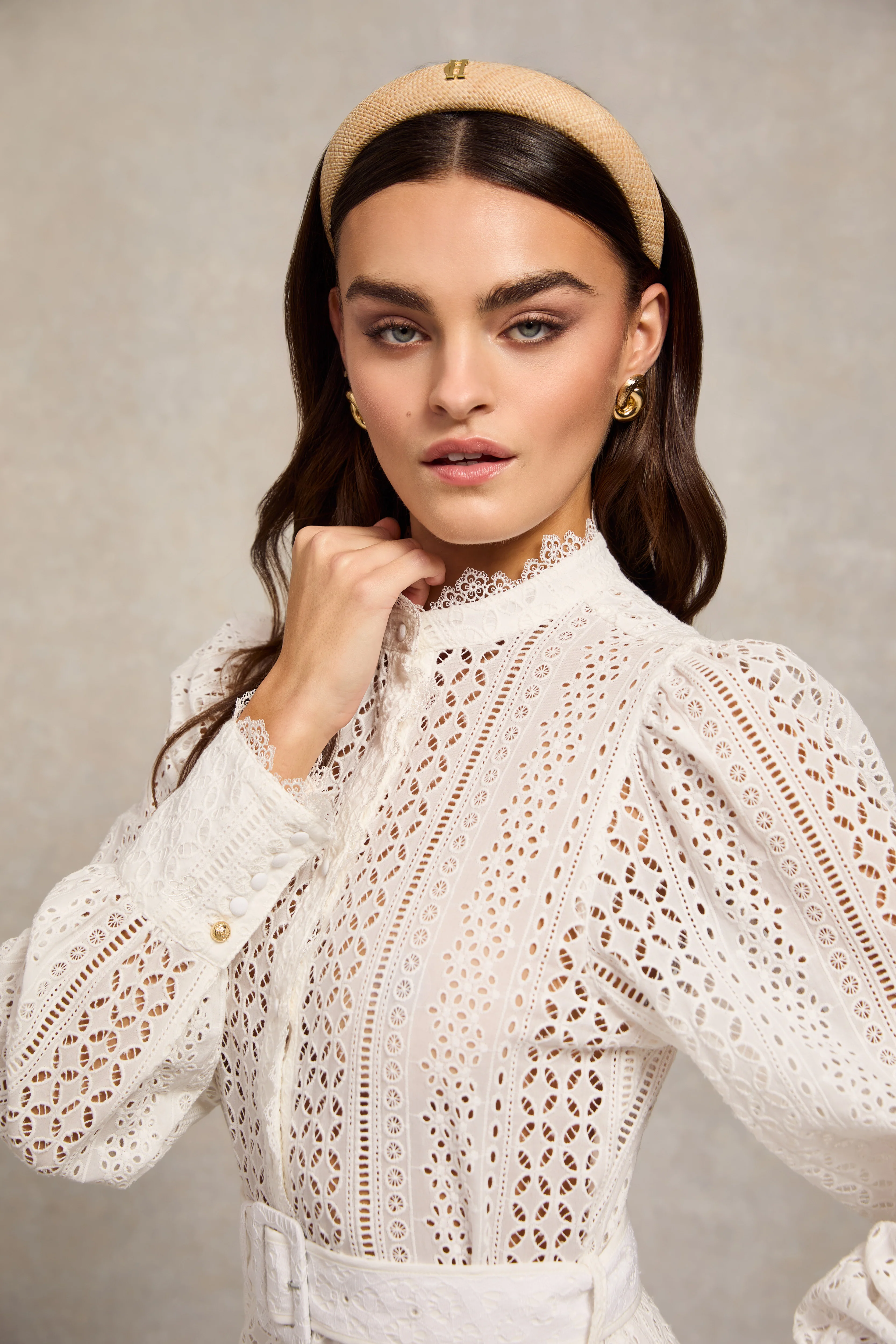 Collarless Broderie Mini Dress (White) - Image 8