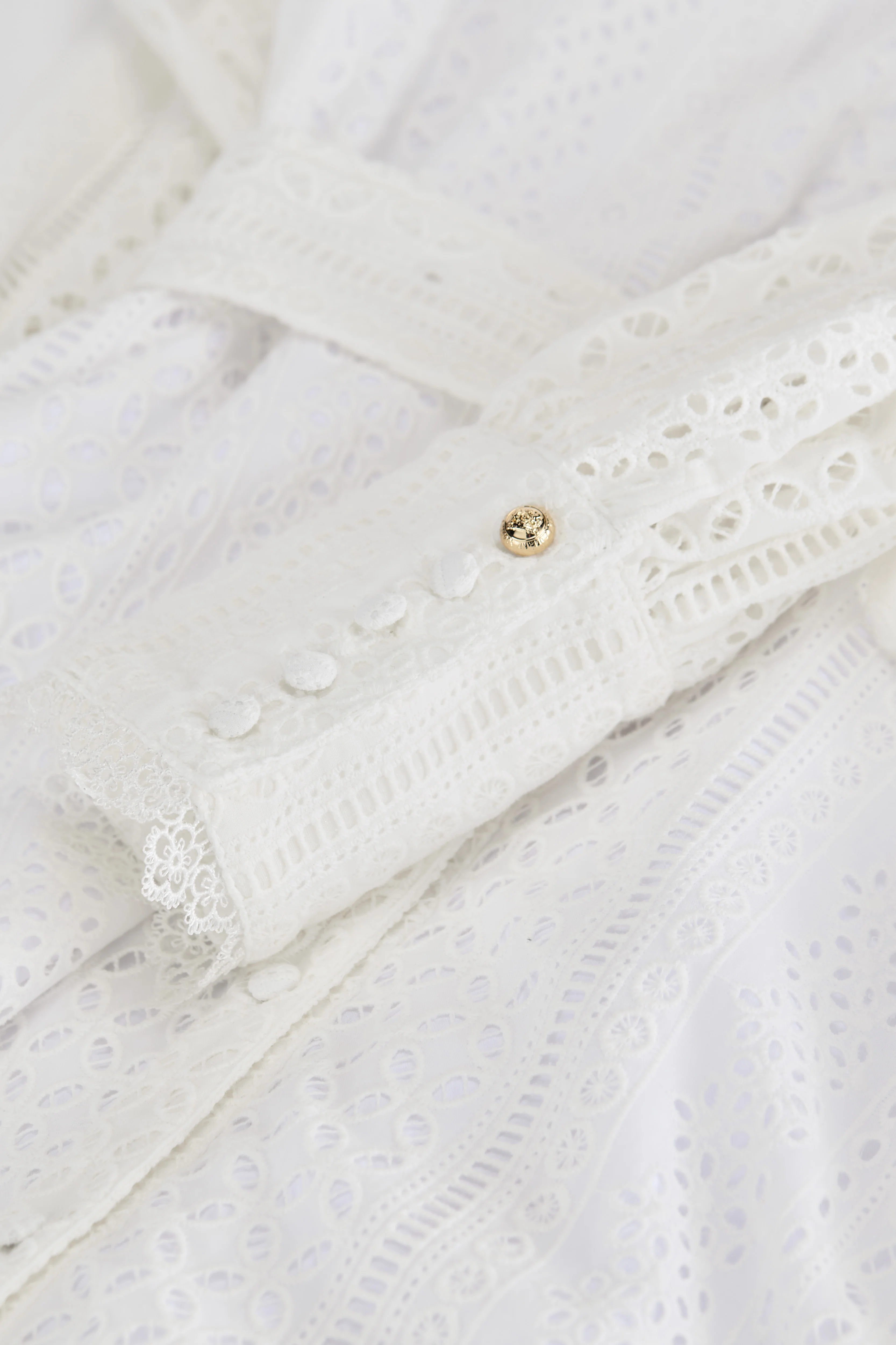 Collarless Broderie Mini Dress (White) - Image 9