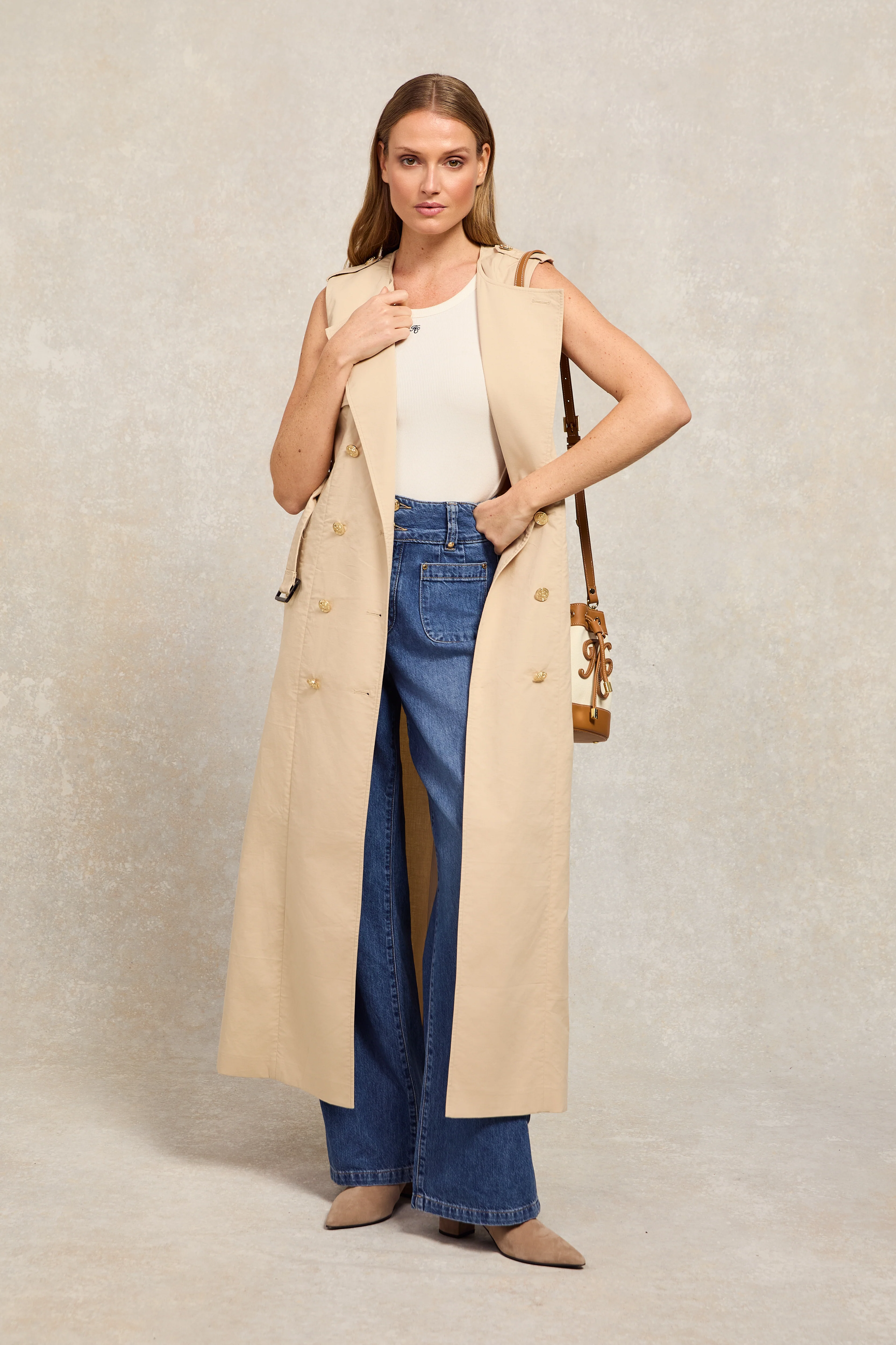 Collarless Trench Gilet (Stone) - Image 3