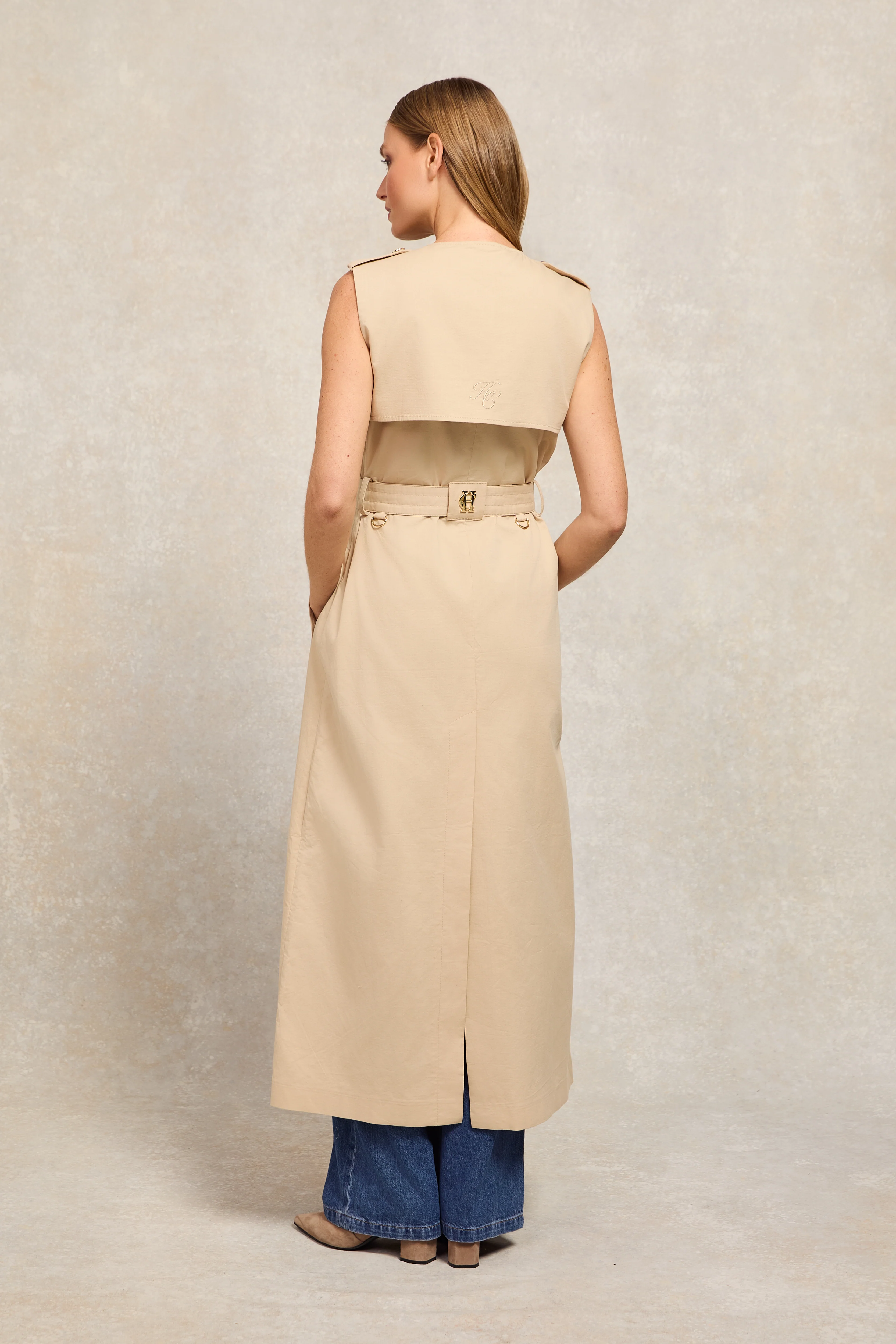 Collarless Trench Gilet (Stone) - Image 6