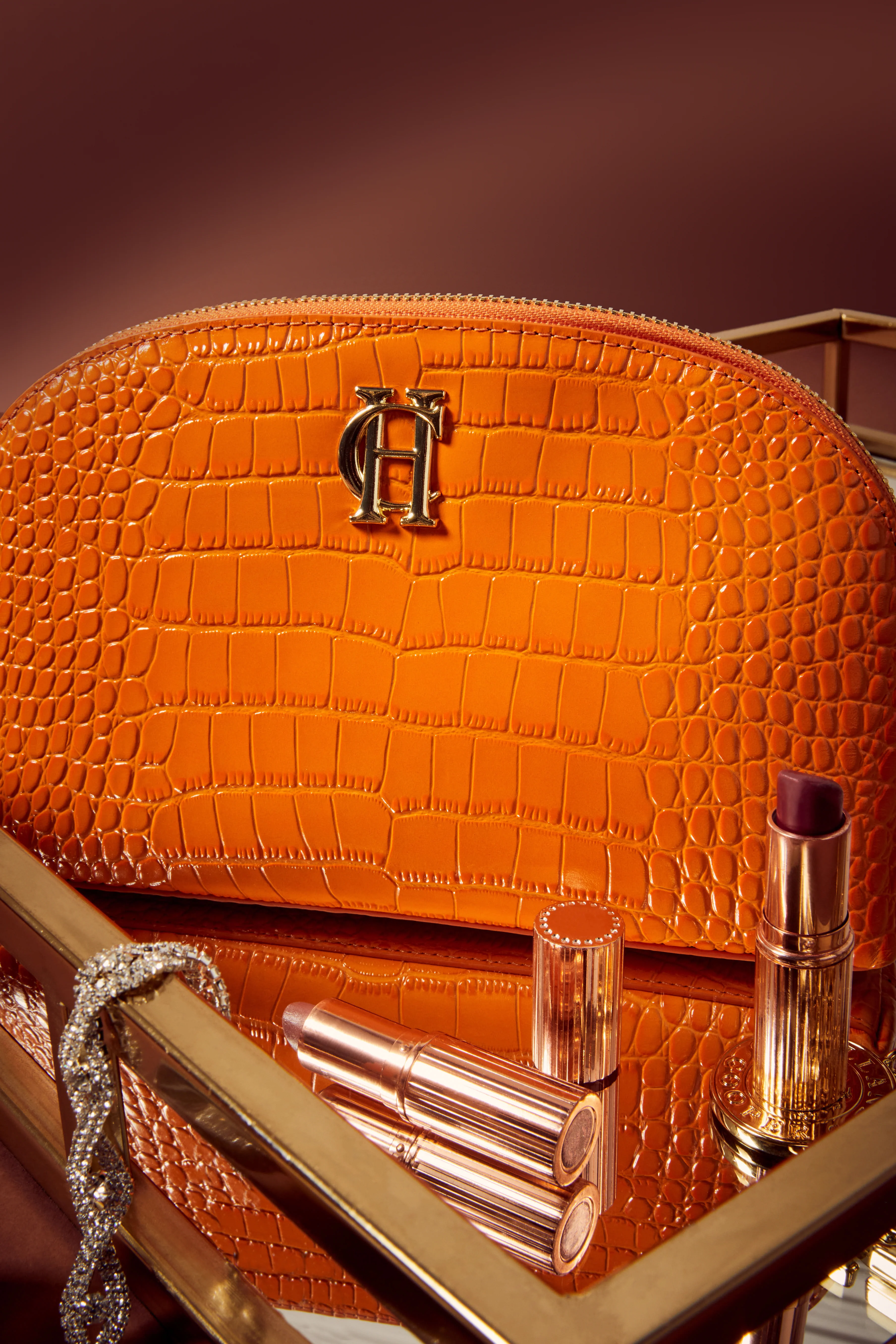 Chelsea Makeup Bag (Orange Croc) - Image 4