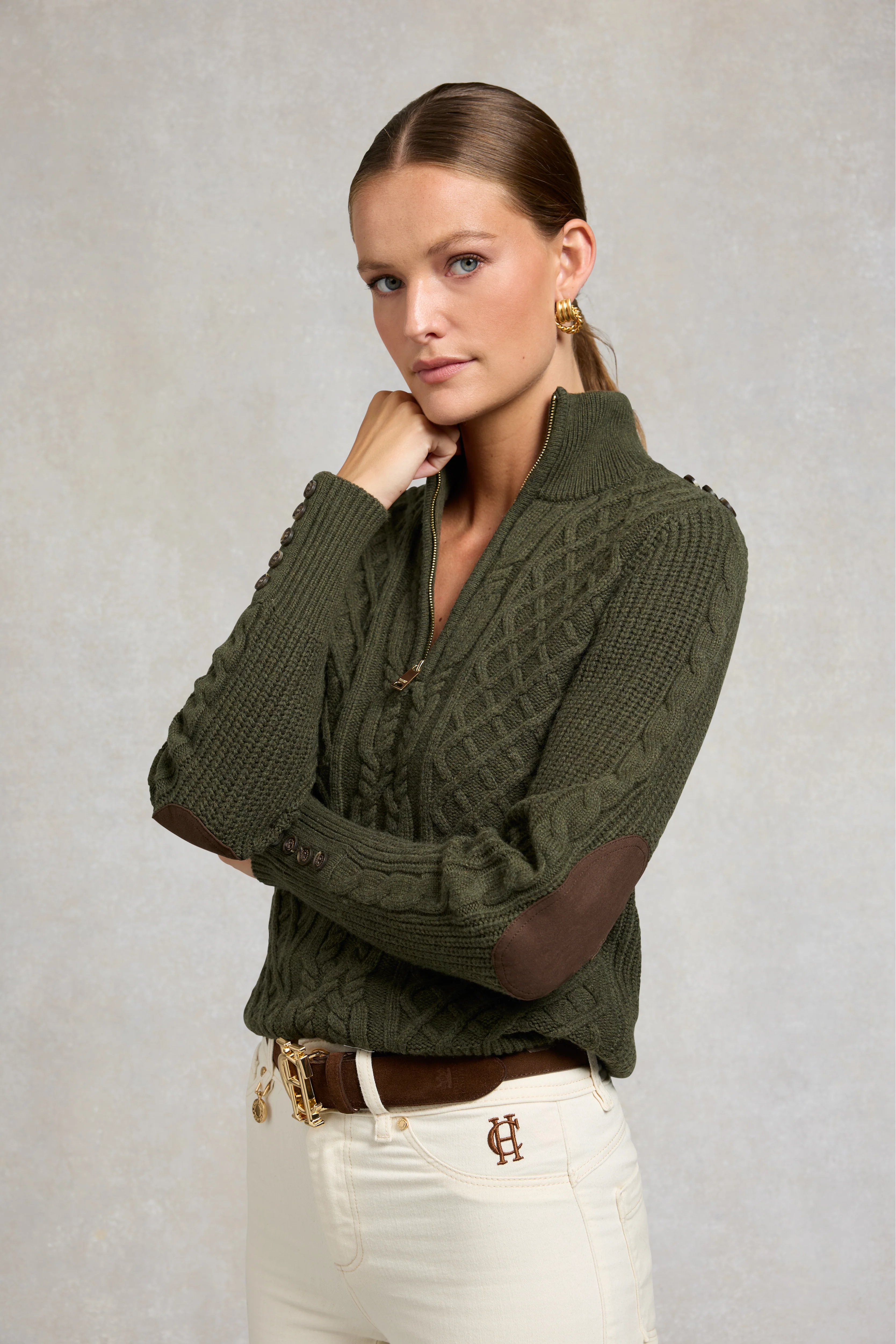 Country Cable Quarter Zip Knit (Forest Green) - Image 2