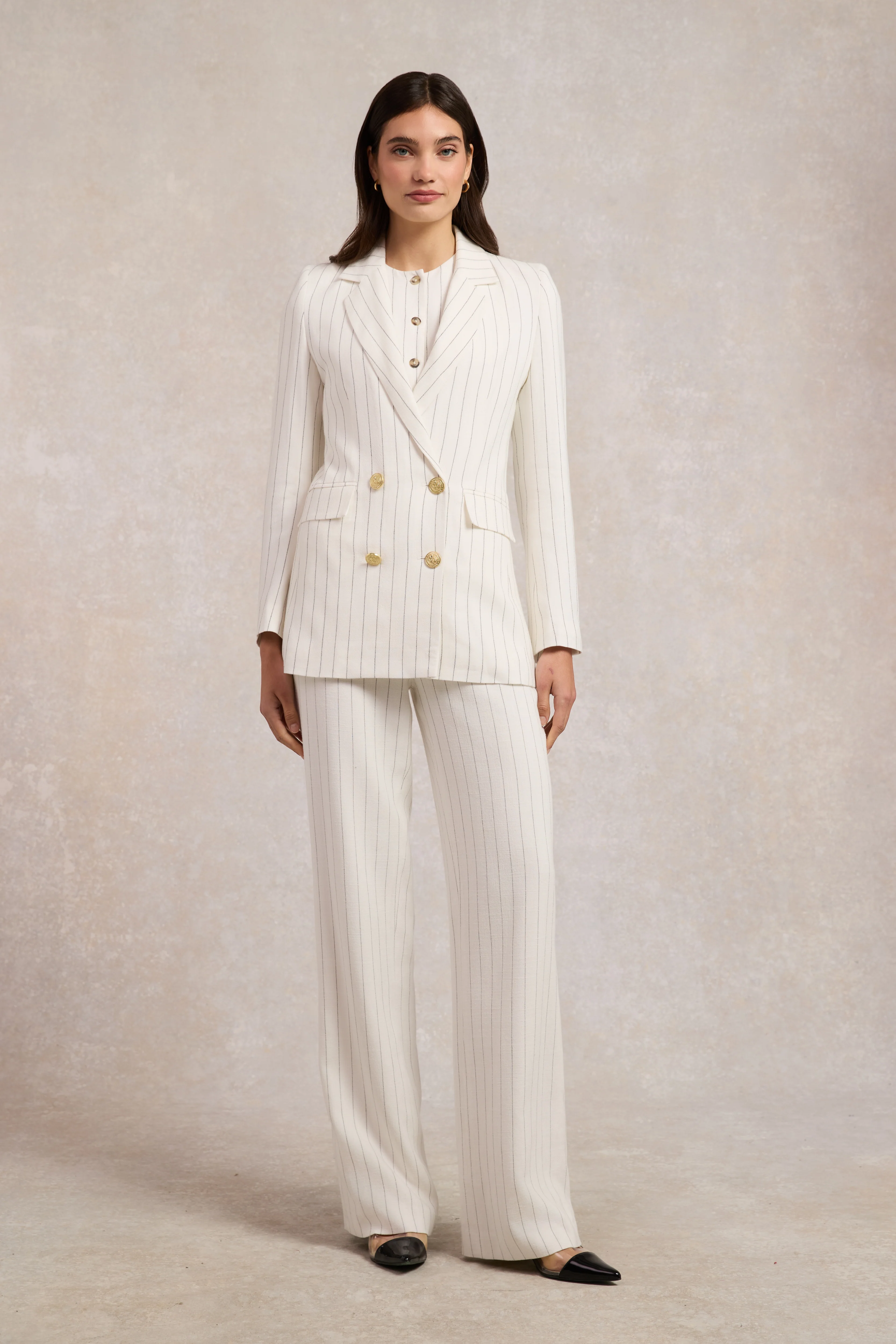 Double Breasted Blazer (Oyster Linen Pinstripe) - Image 8
