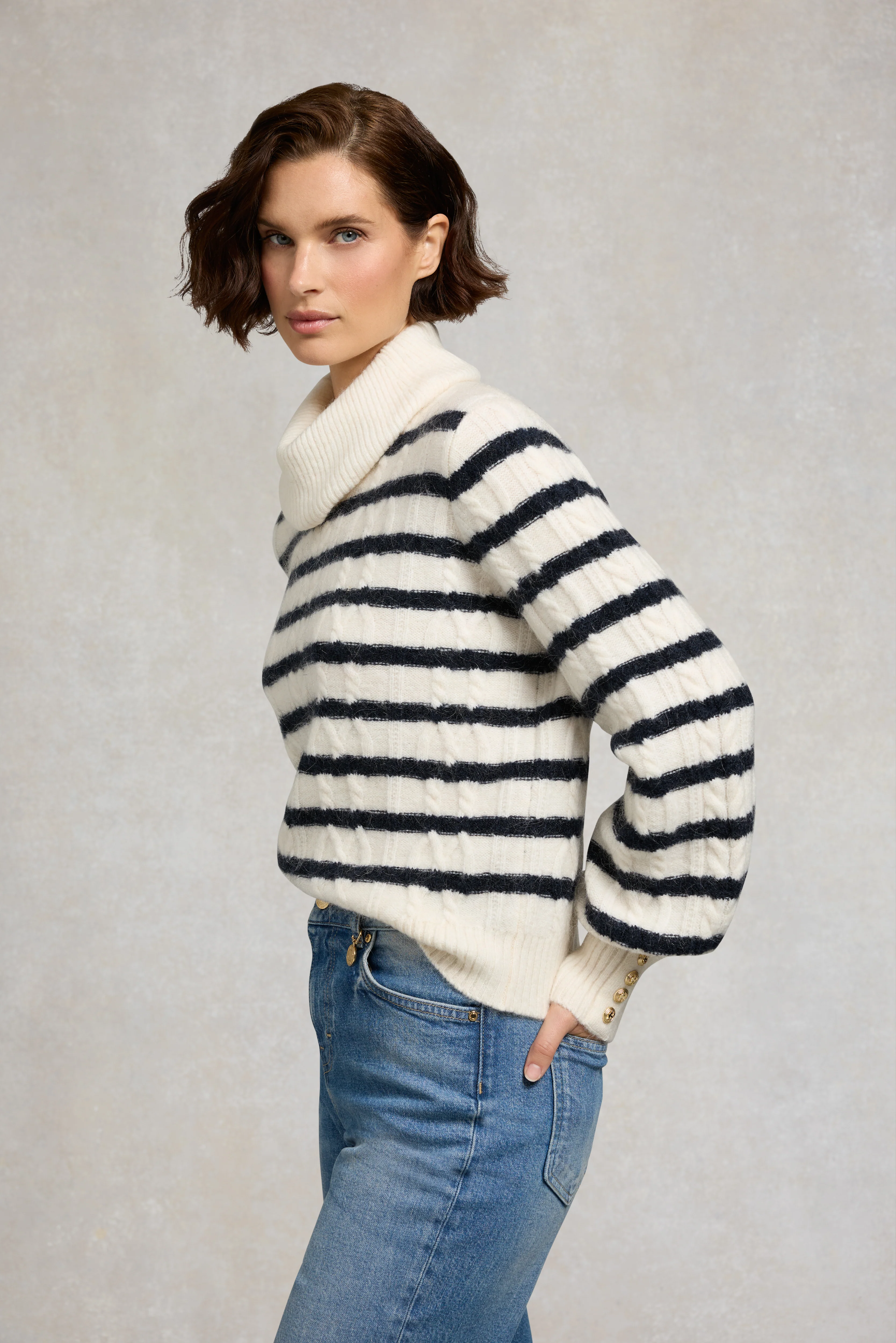 Frances Cowl Neck Knit (Natural Stripe) - Image 2