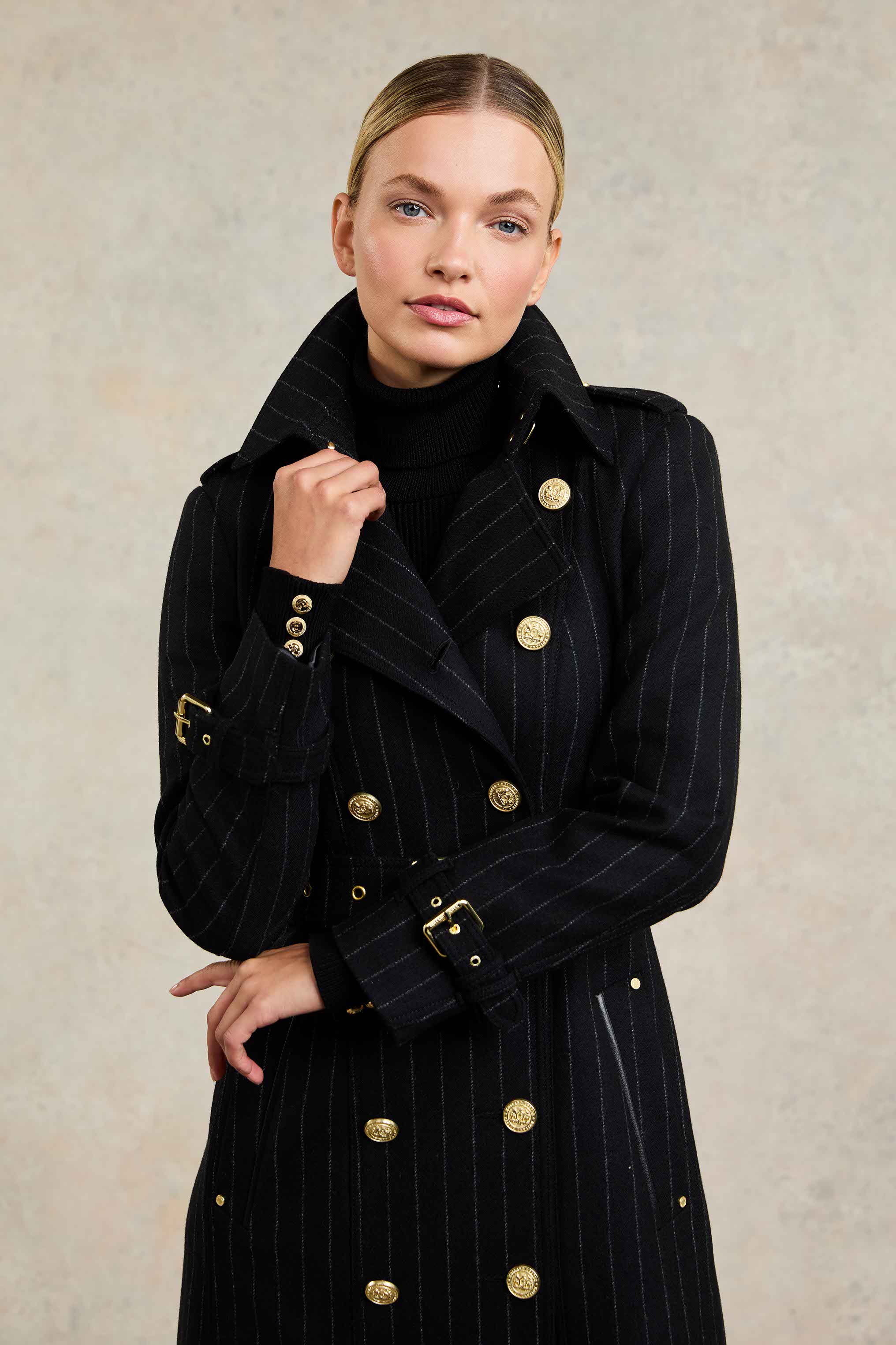 Full Length Marlborough Trench Coat (Black Pinstripe) - Image 6