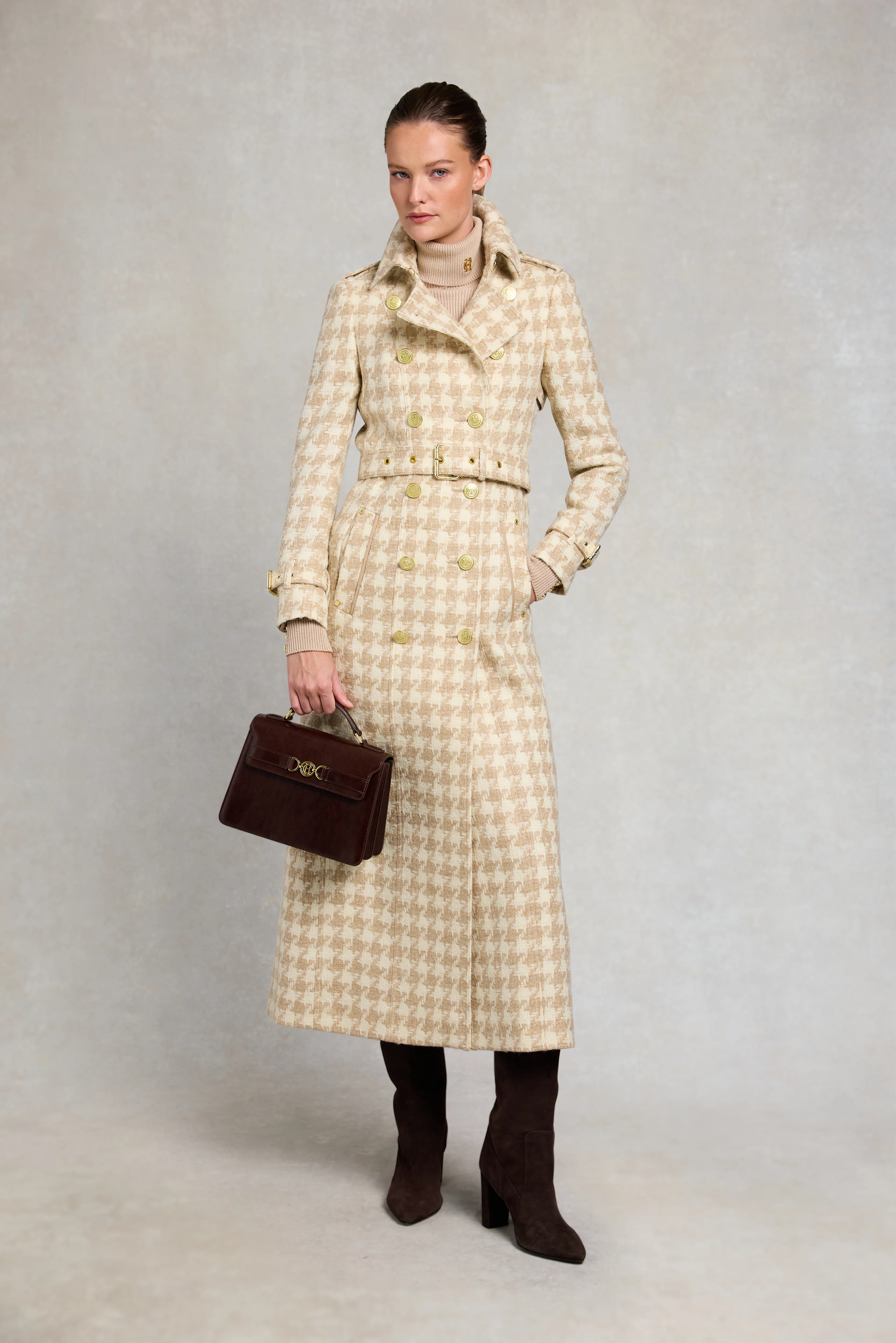 Full Length Marlborough Trench Coat (Camel Houndstooth) - Image 3
