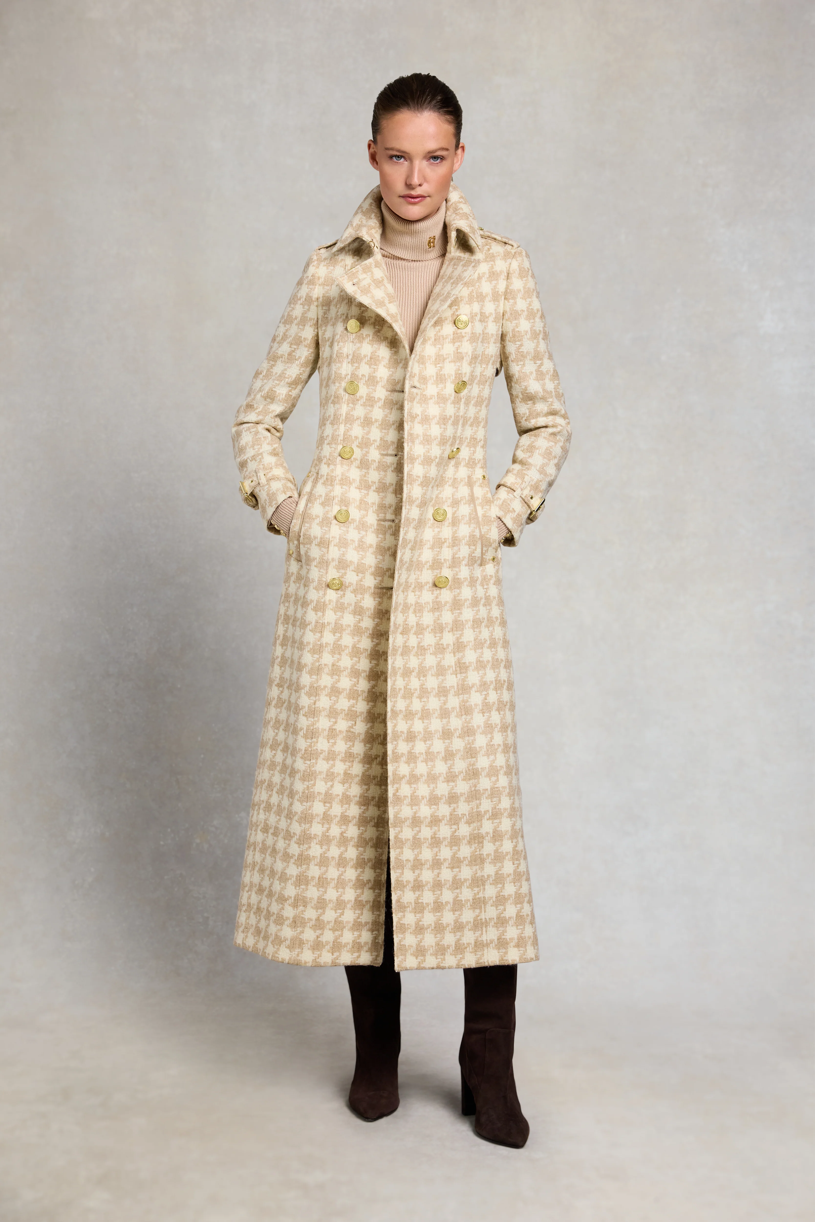 Full Length Marlborough Trench Coat (Camel Houndstooth) - Image 4
