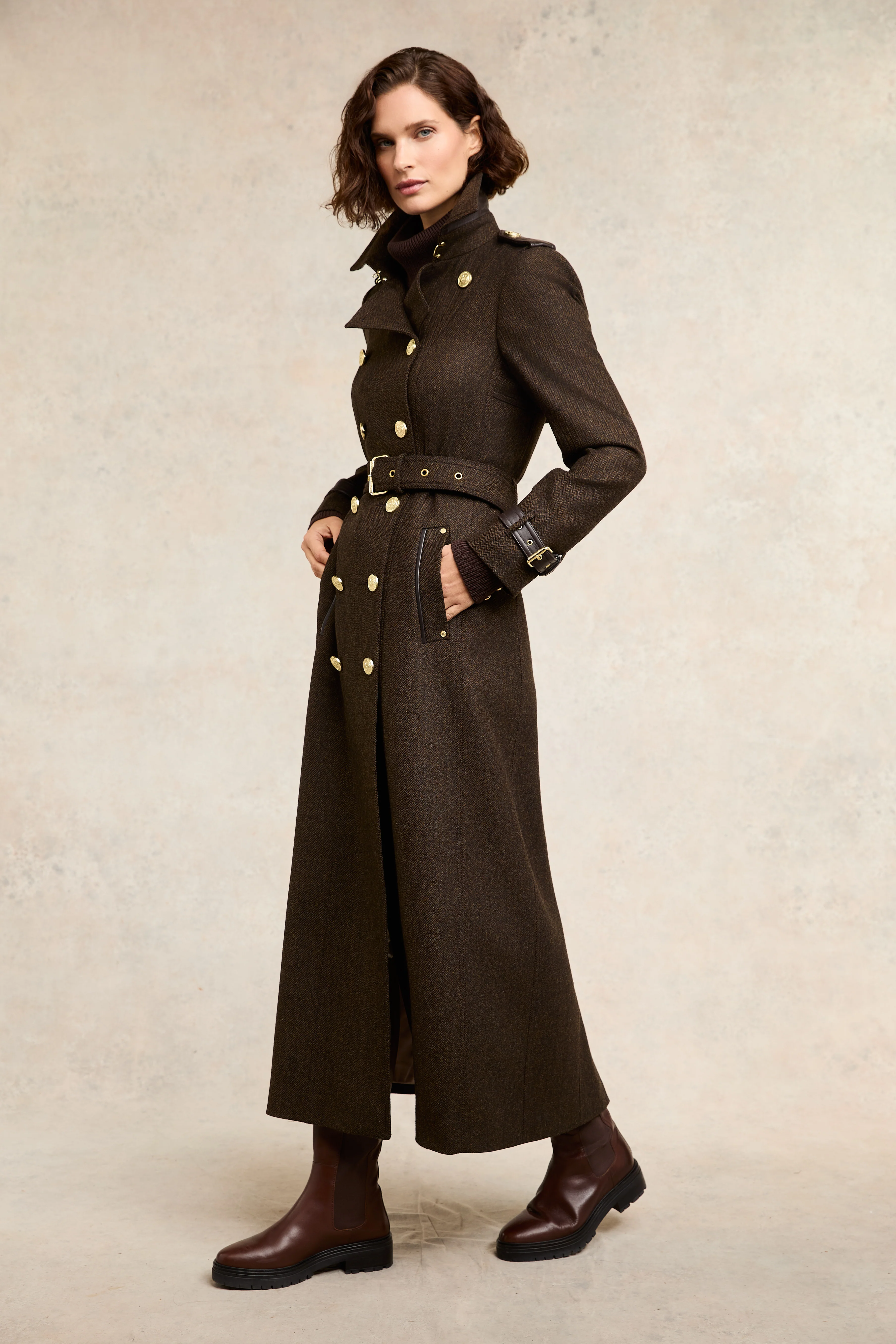 Full Length Marlborough Trench Coat (Chocolate Herringbone) - Image 5