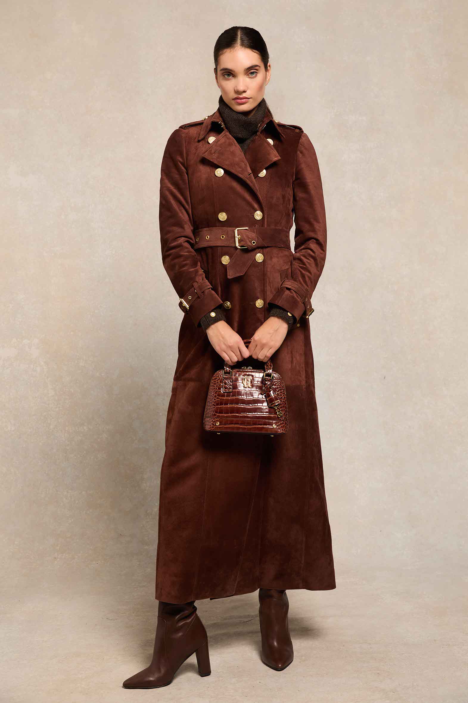 Full Length Marlborough Trench Coat (Chocolate Suede) - Image 6