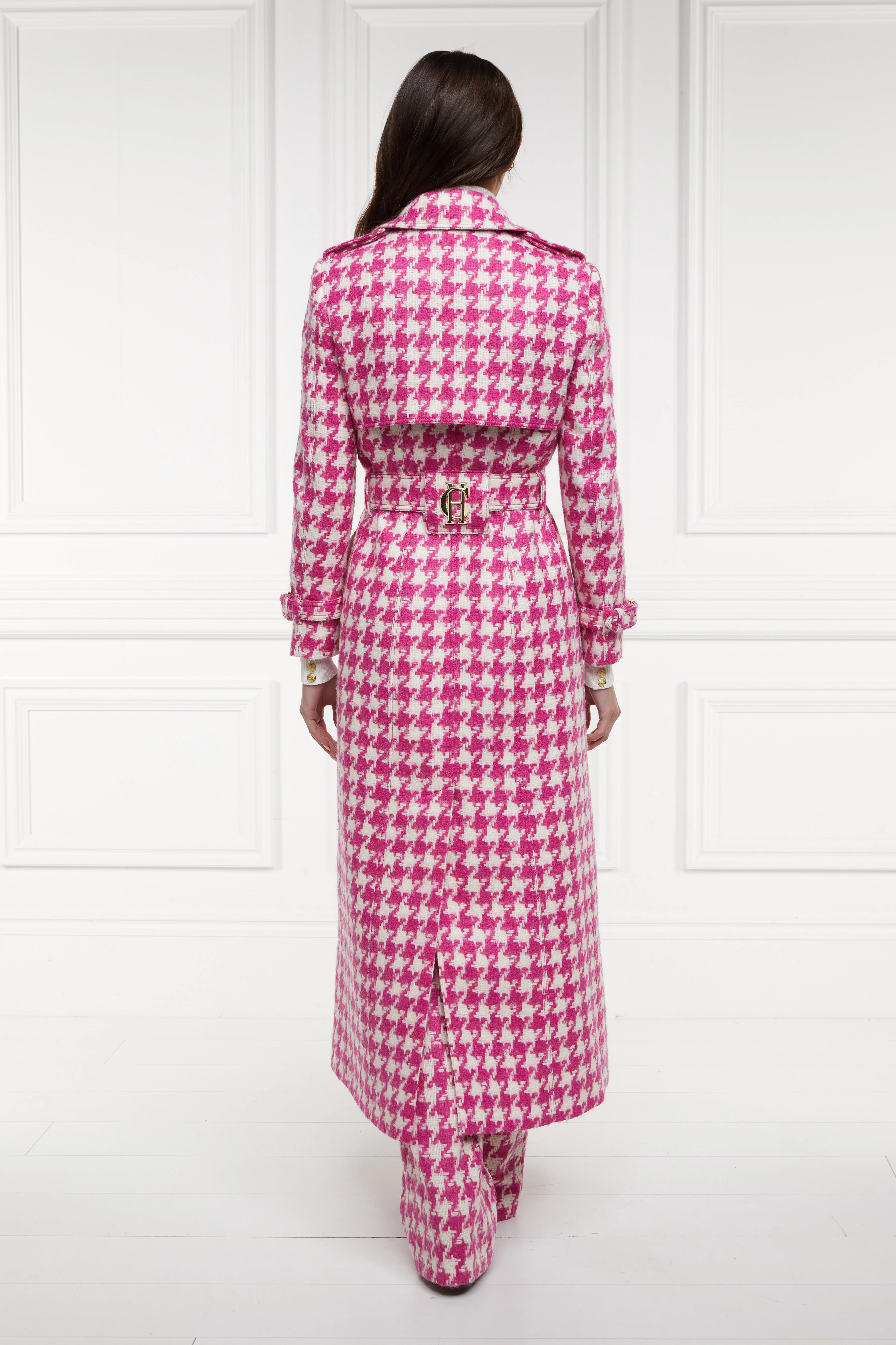 Full Length Marlborough Trench Coat (Hot Pink Large Scale Houndstooth) - Image 2
