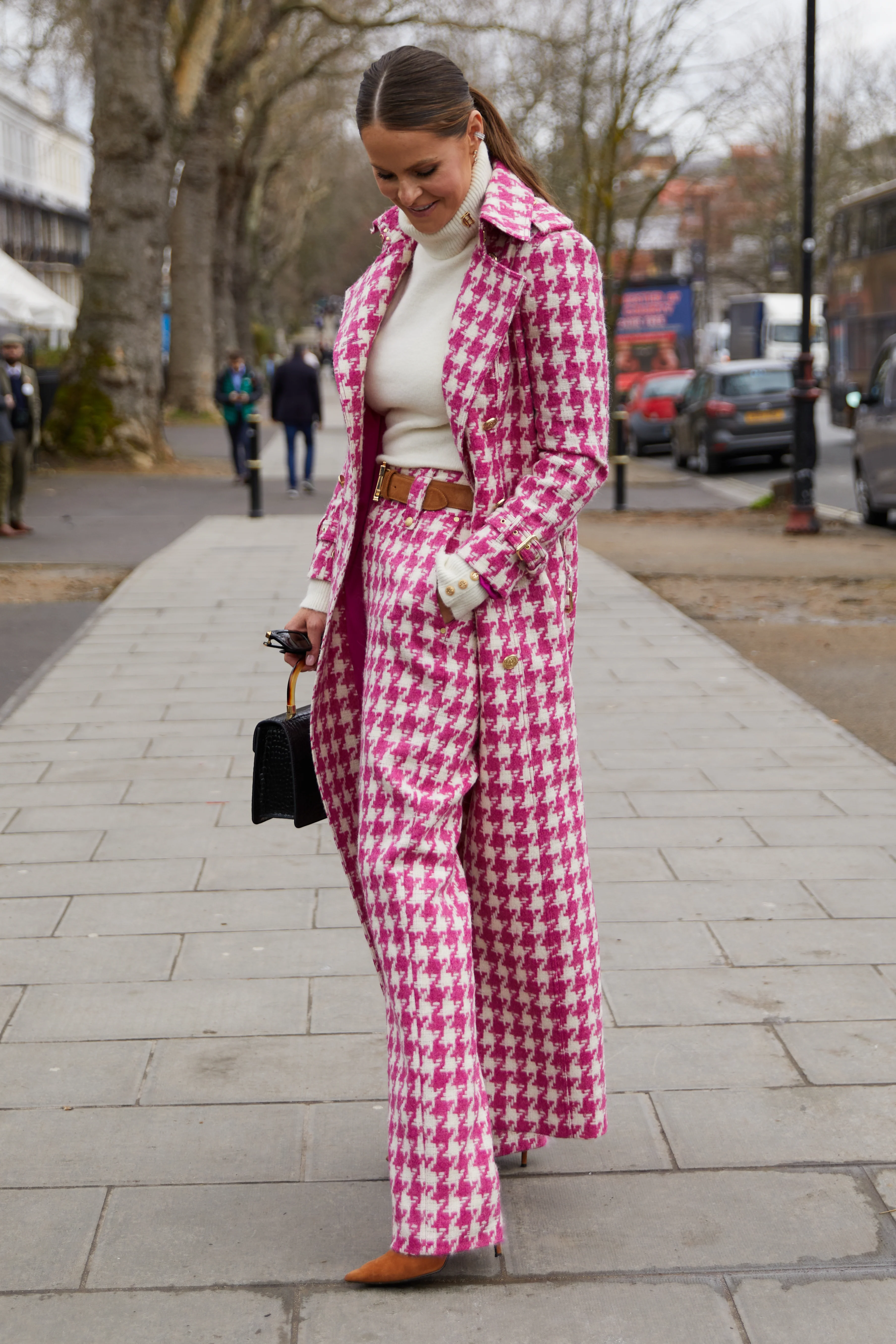 Full Length Marlborough Trench Coat (Hot Pink Large Scale Houndstooth) - Image 3