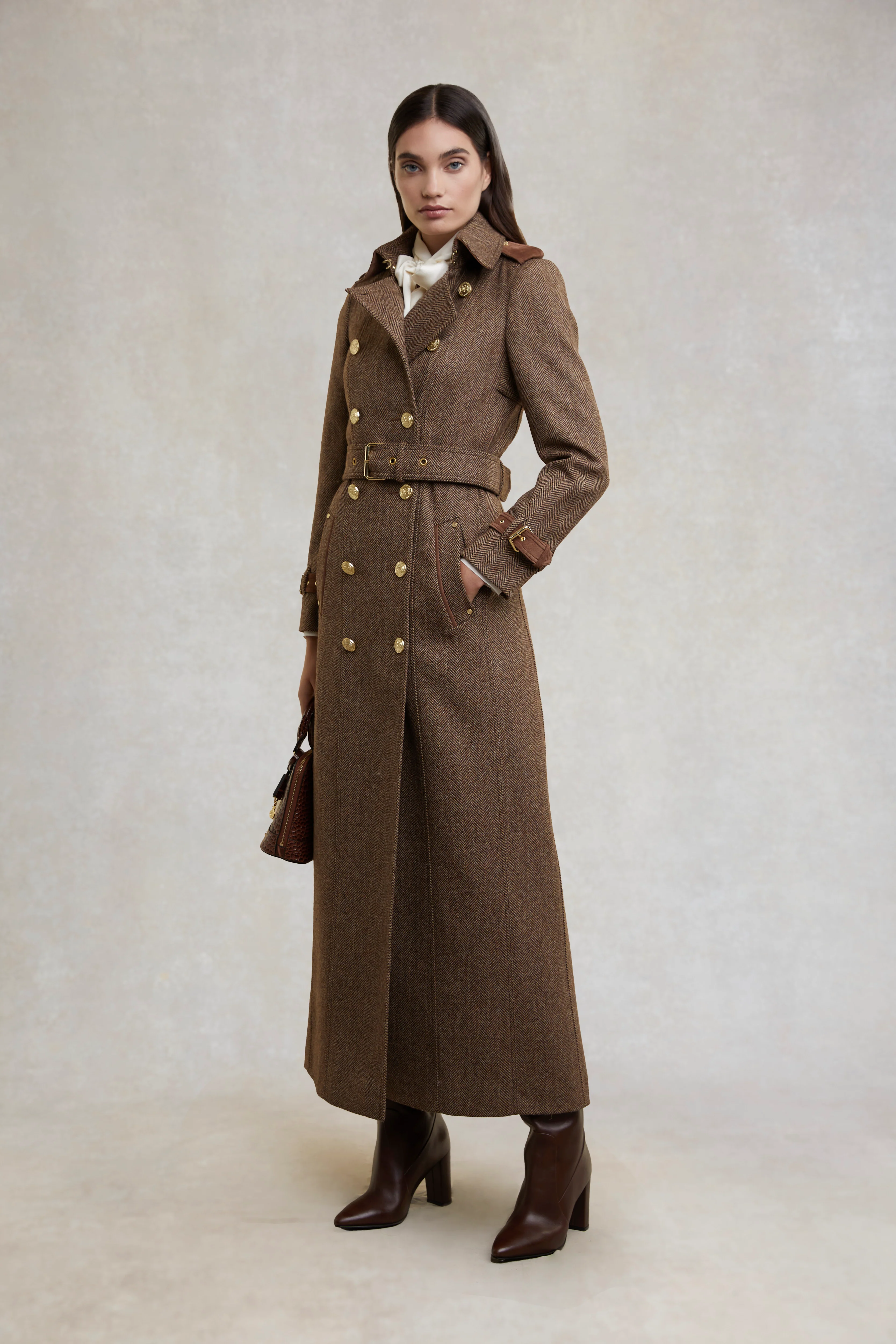 Full Length Marlborough Trench Coat (Large Scale Brown Herringbone)