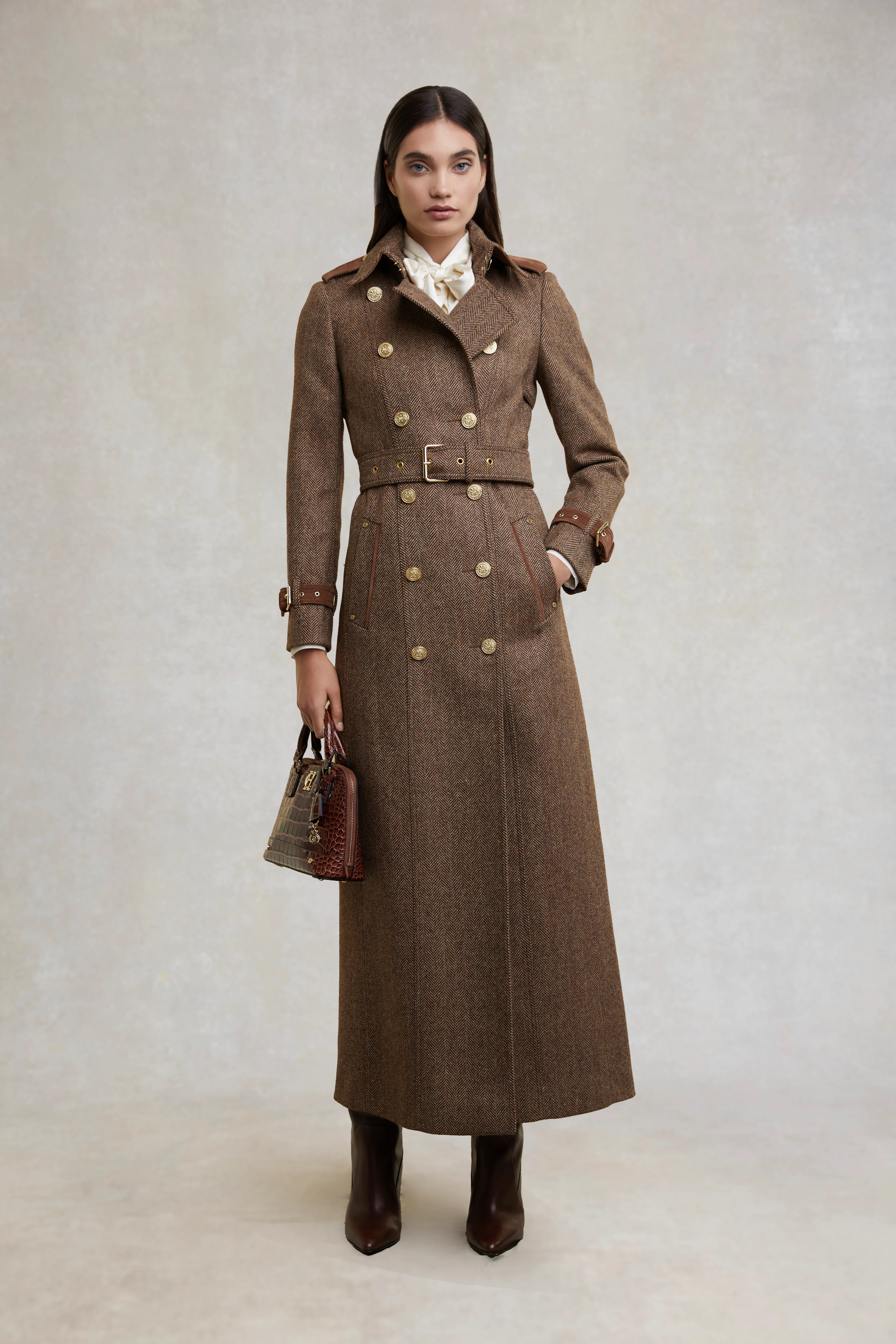 Full Length Marlborough Trench Coat (Large Scale Brown Herringbone) - Image 2
