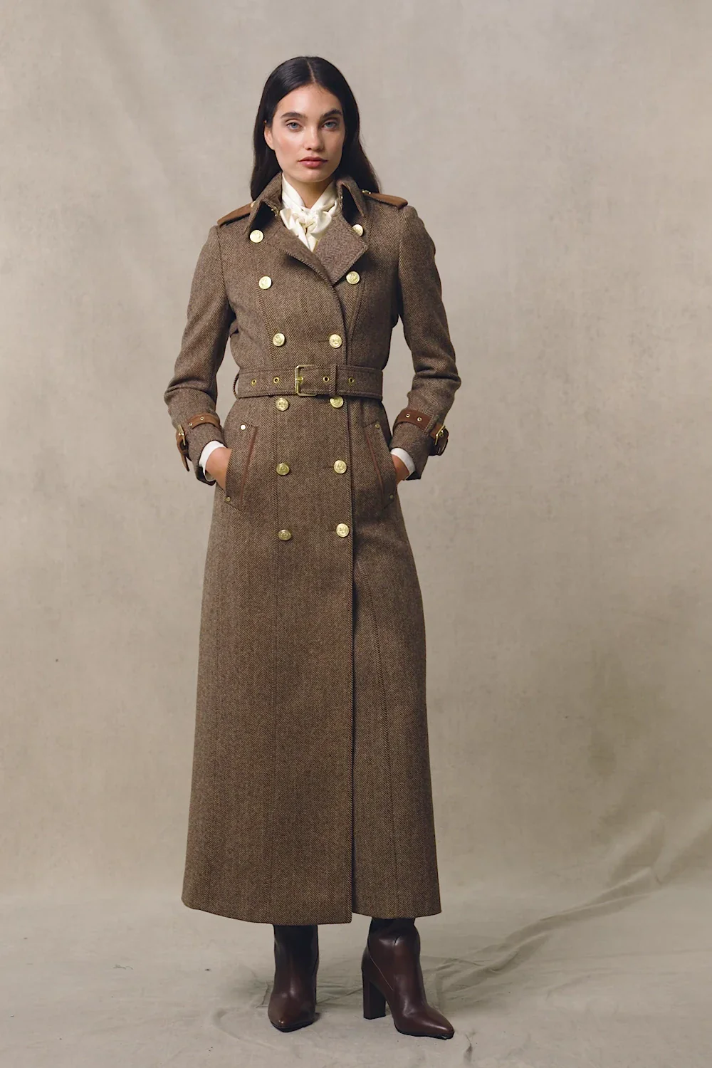Full Length Marlborough Trench Coat (Large Scale Brown Herringbone) - Image 5