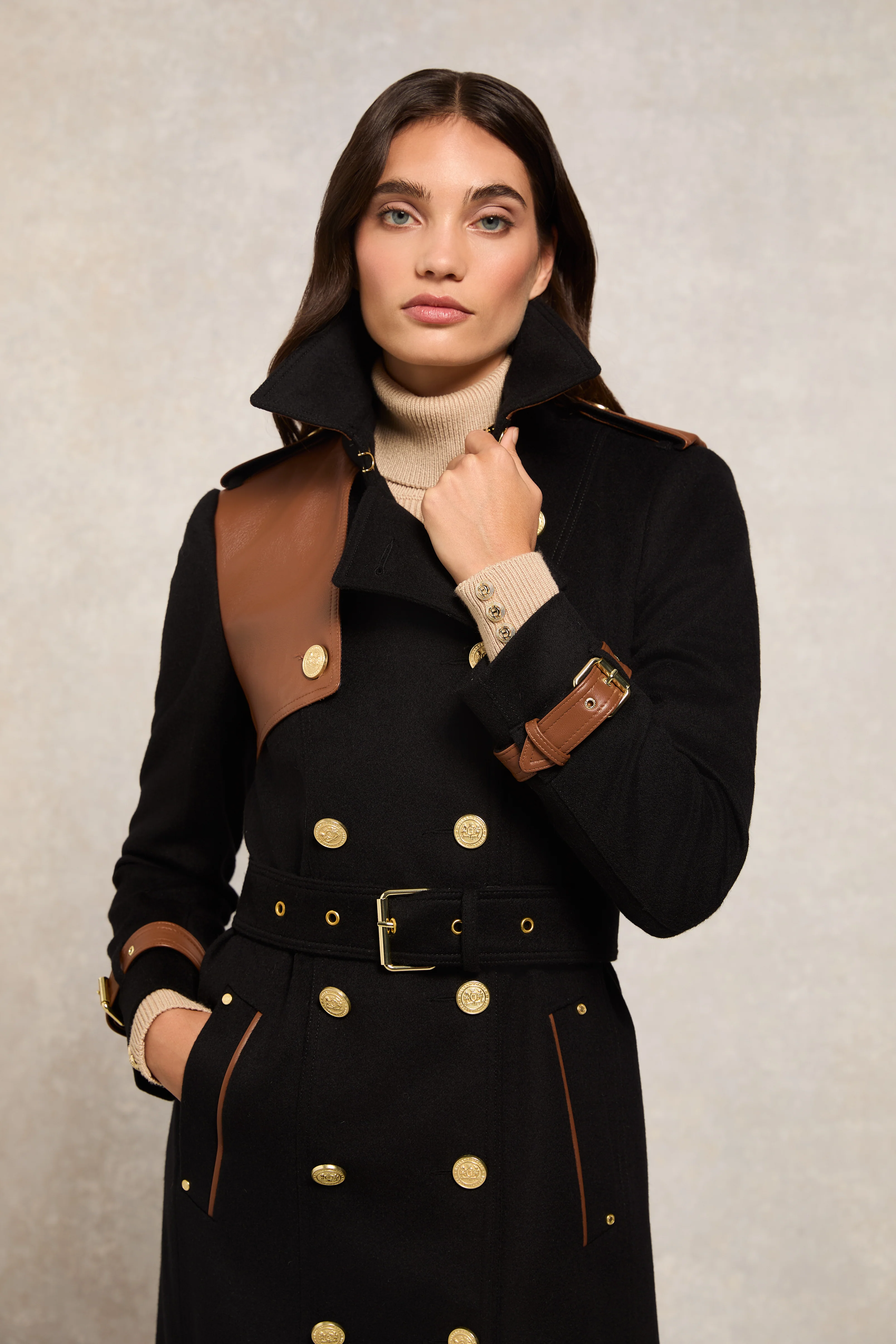 Full Length Marlborough Trench Coat (Soft Black Tan) - Image 2