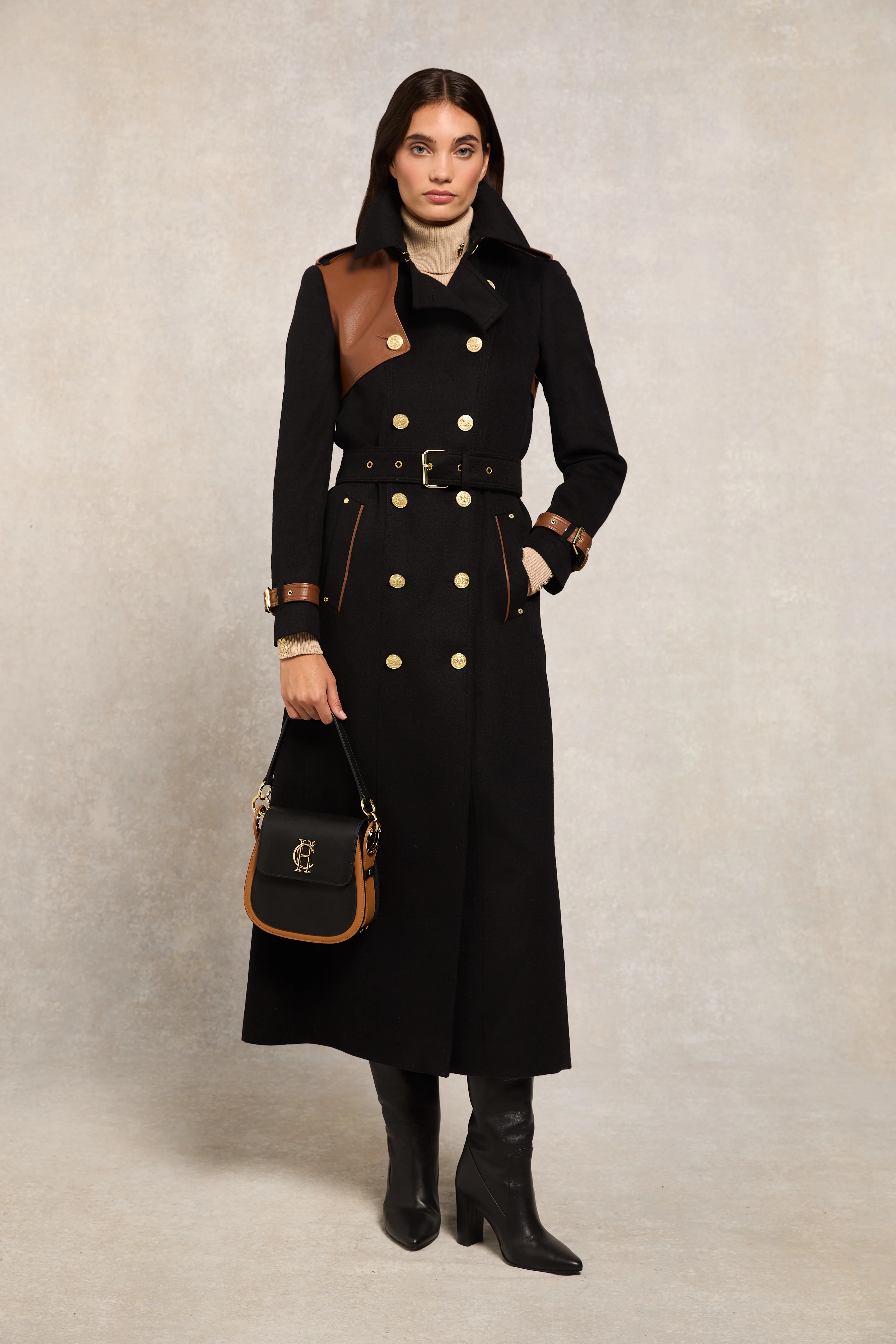 Full Length Marlborough Trench Coat (Soft Black Tan) - Image 3