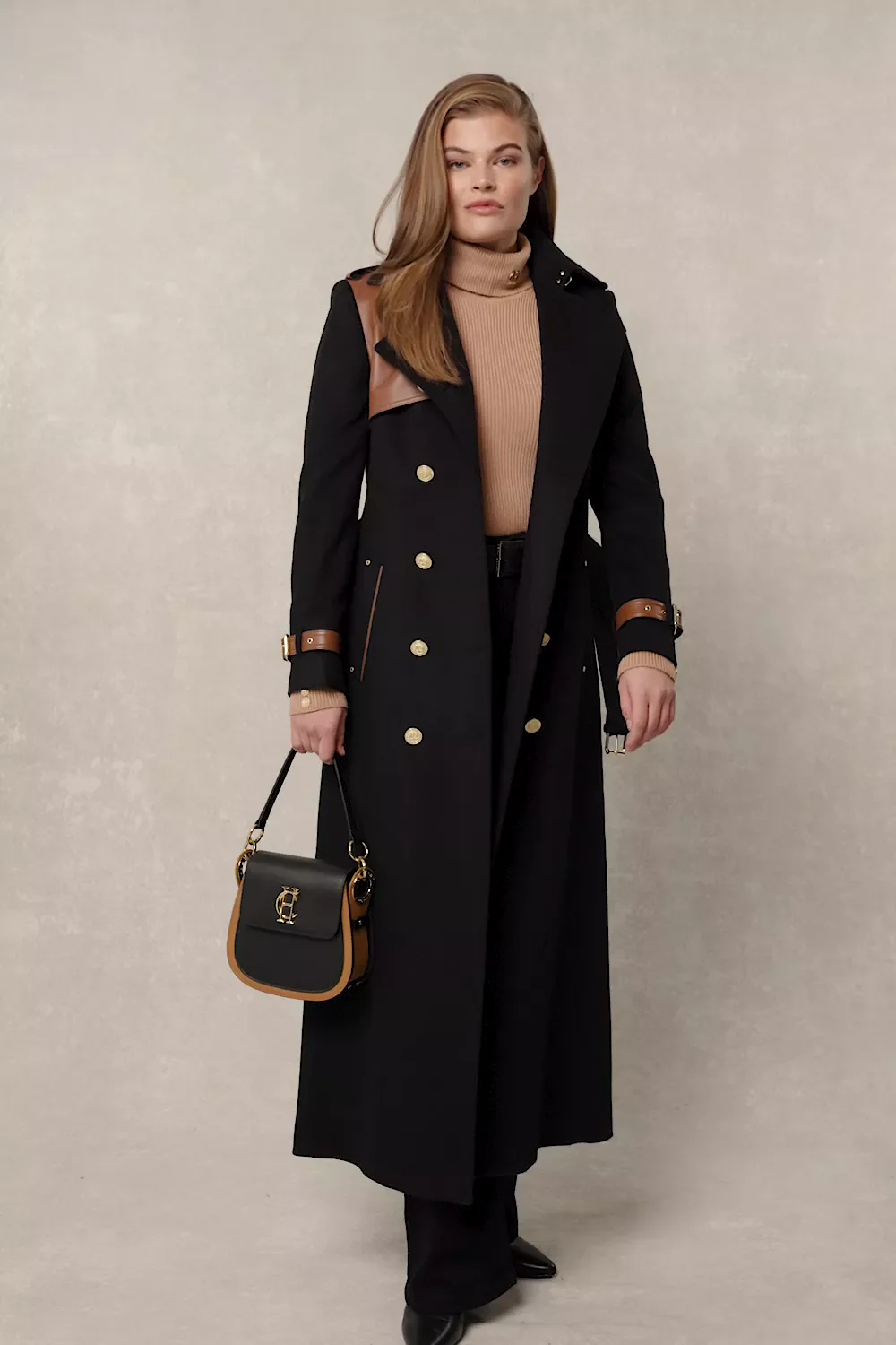 Full Length Marlborough Trench Coat (Soft Black Tan) - Image 5