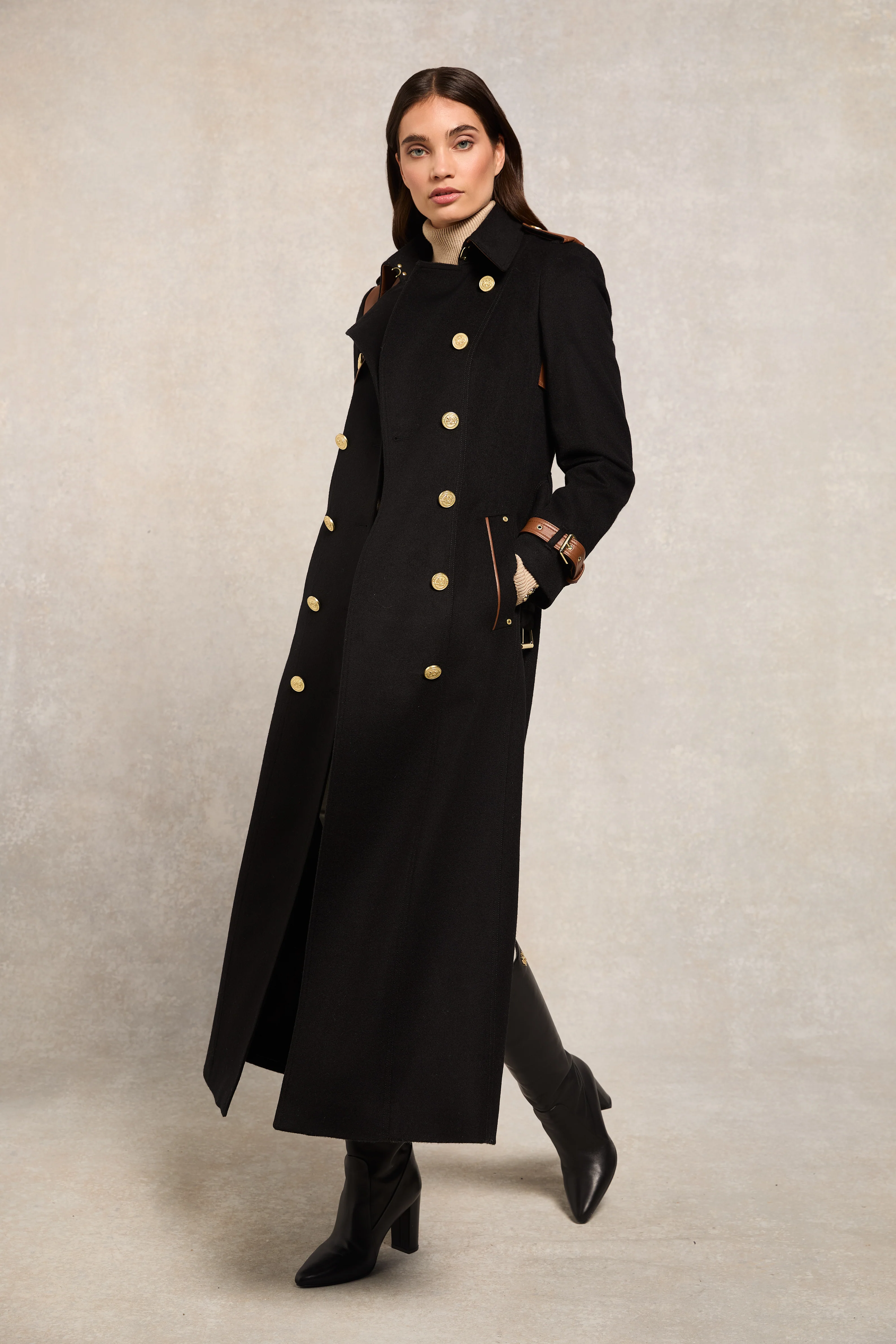 Full Length Marlborough Trench Coat (Soft Black Tan) - Image 7