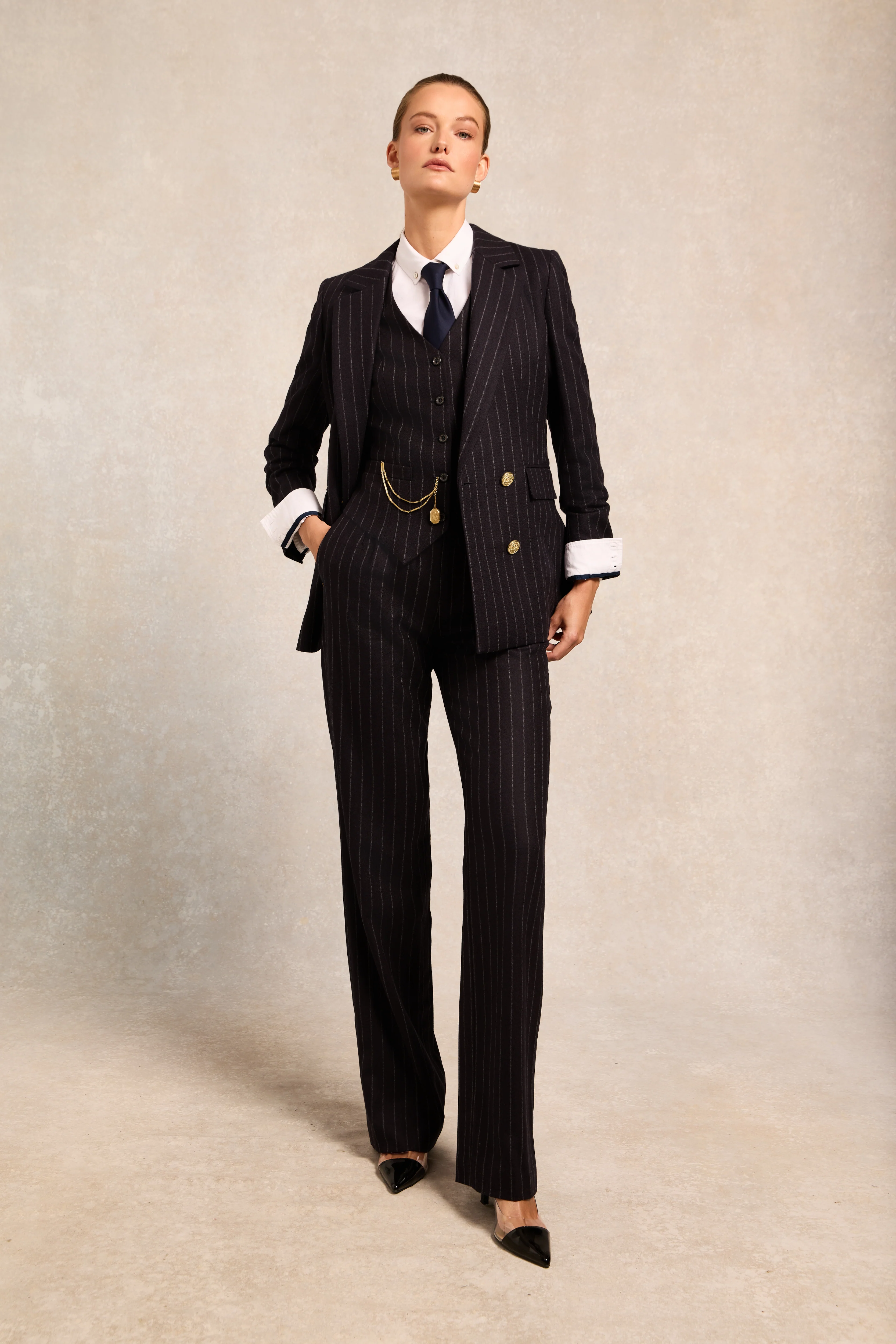High Waisted Straight Trouser (Navy Chalk Pinstripe) - Image 3