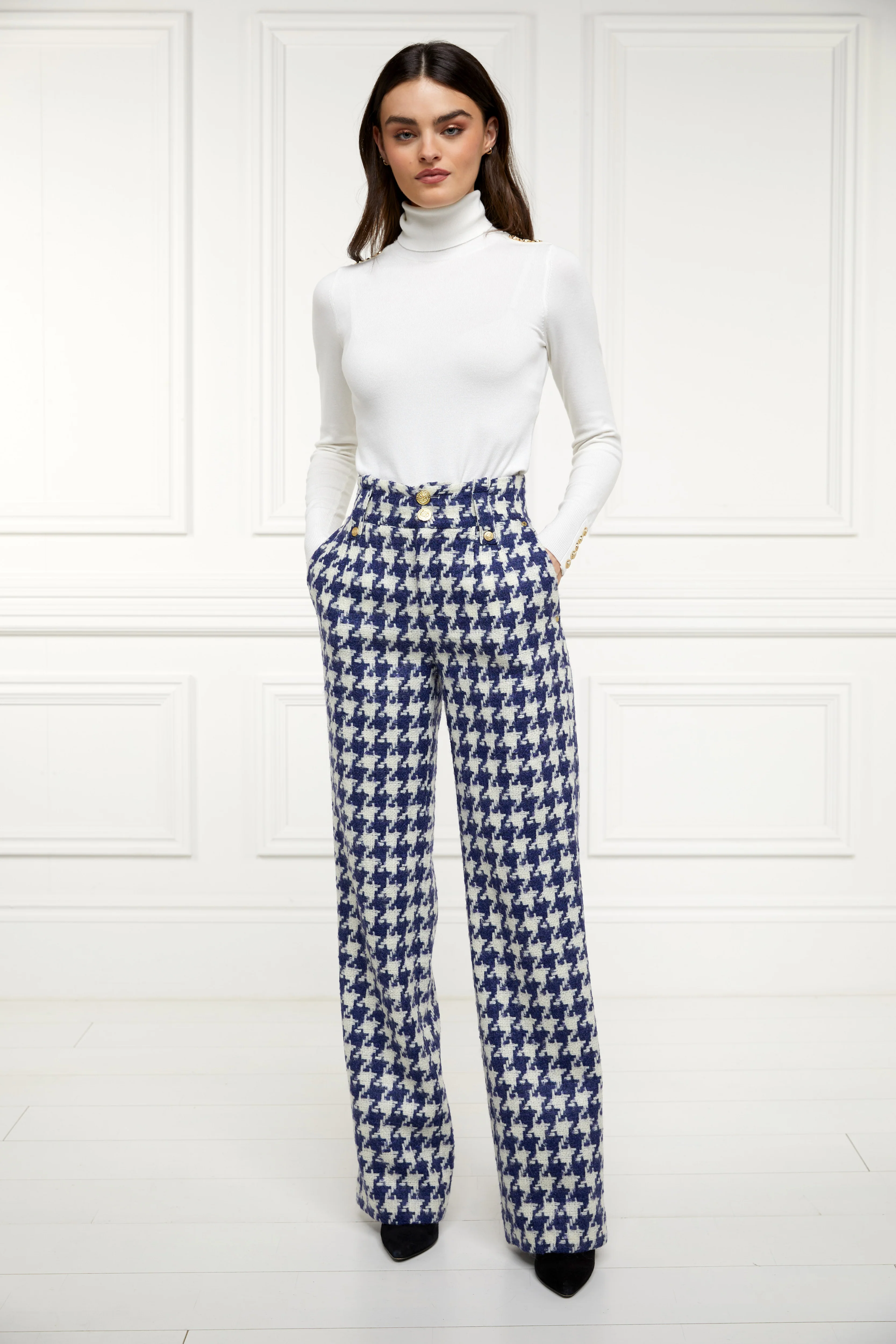 High Waisted Straight Trouser (Large Scale Navy Houndstooth) - Image 6