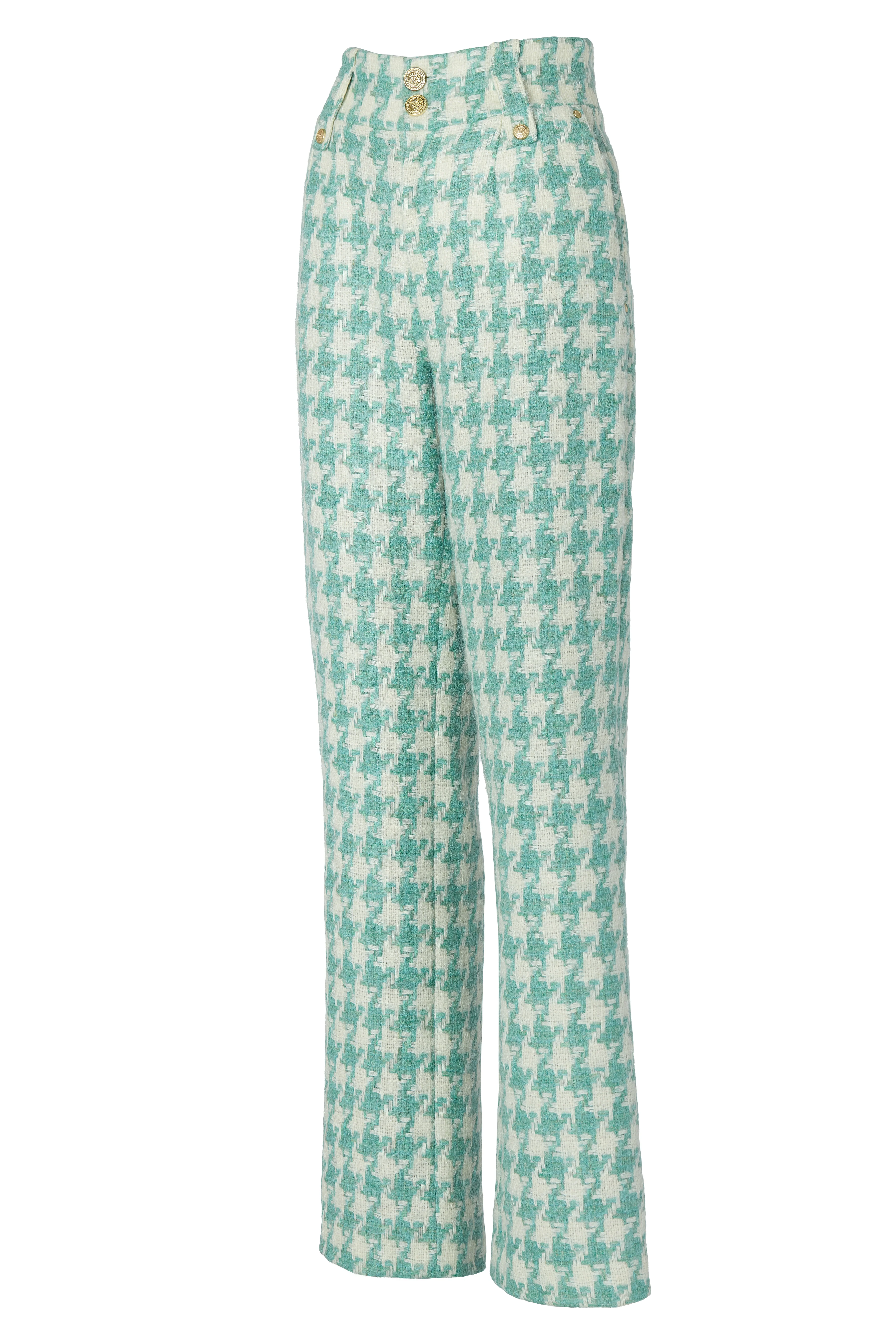High Waisted Straight Trouser (Large Scale Teal Houndstooth) - Image 11