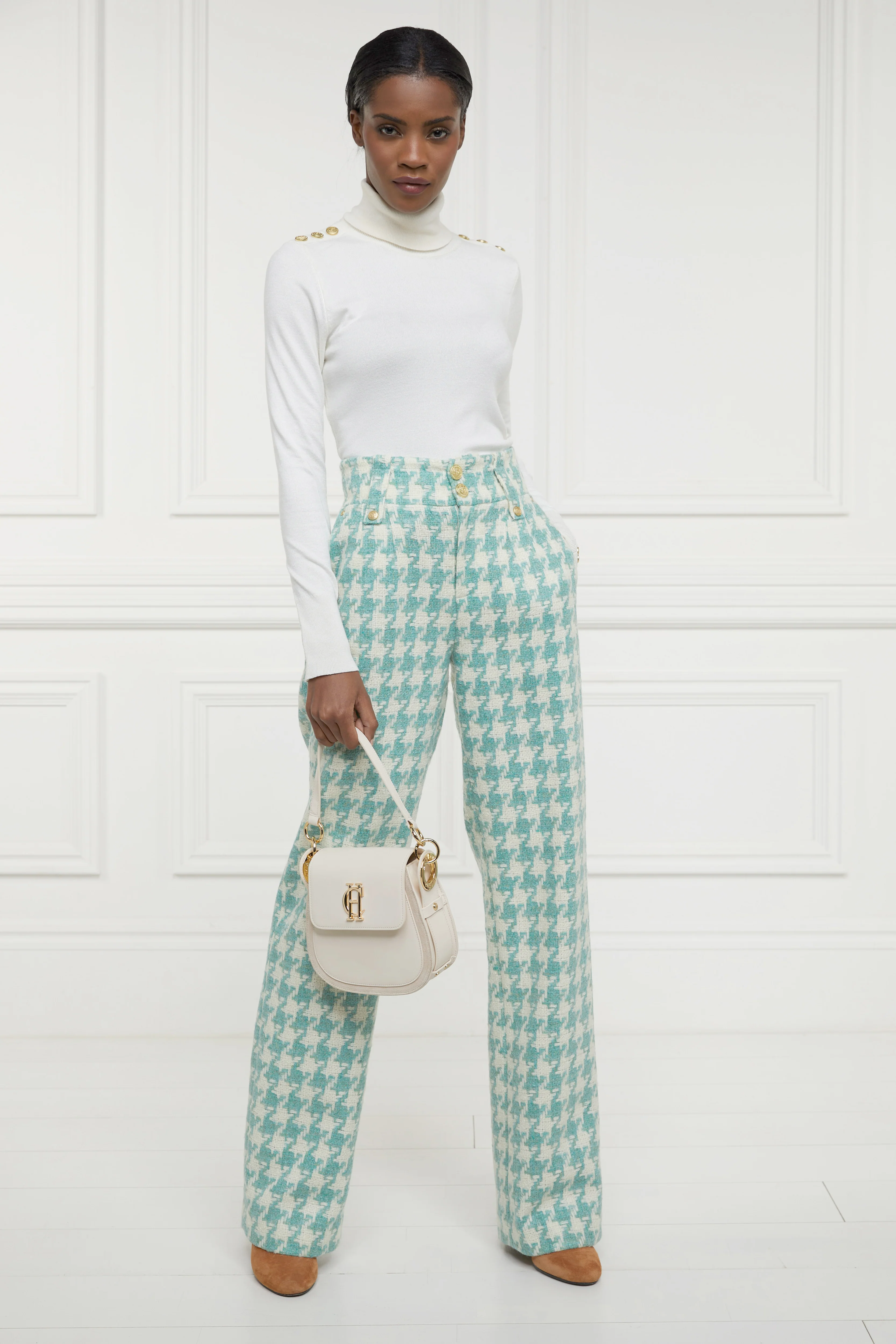 High Waisted Straight Trouser (Large Scale Teal Houndstooth) - Image 2