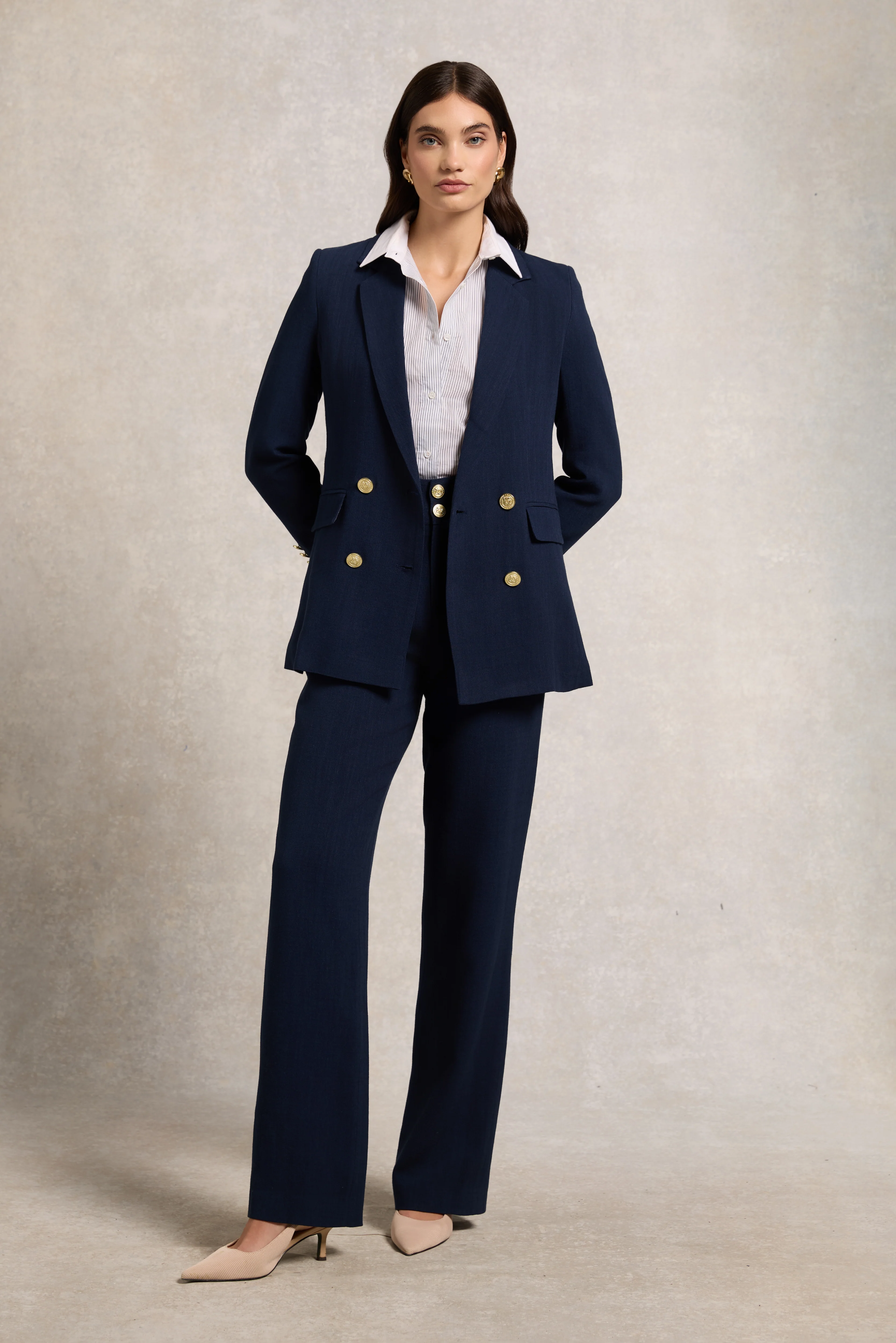 High Waisted Straight Trouser (Navy Linen) - Image 3