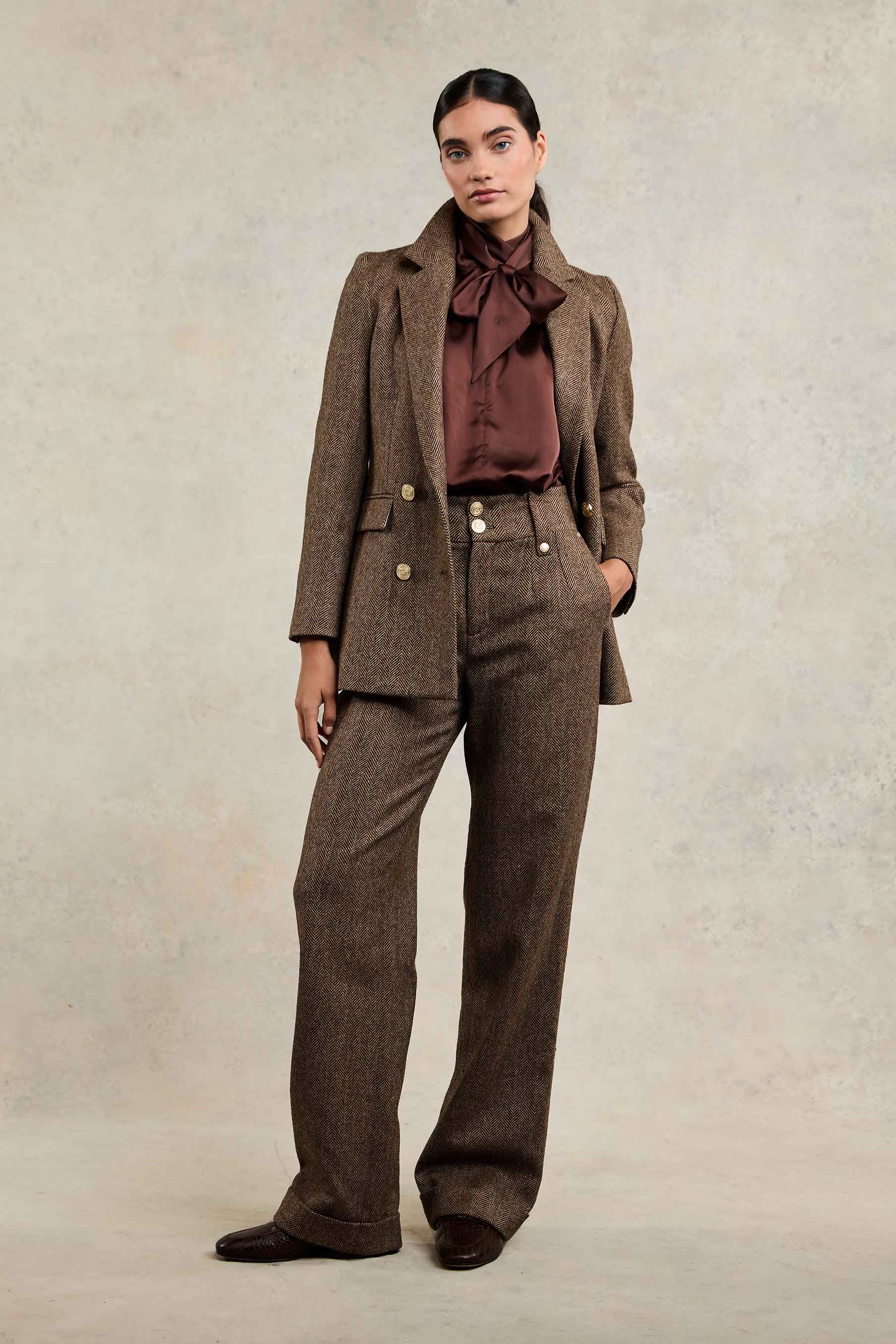 High Waisted Wide Leg Trouser (Large Scale Brown Herringbone) - Image 2