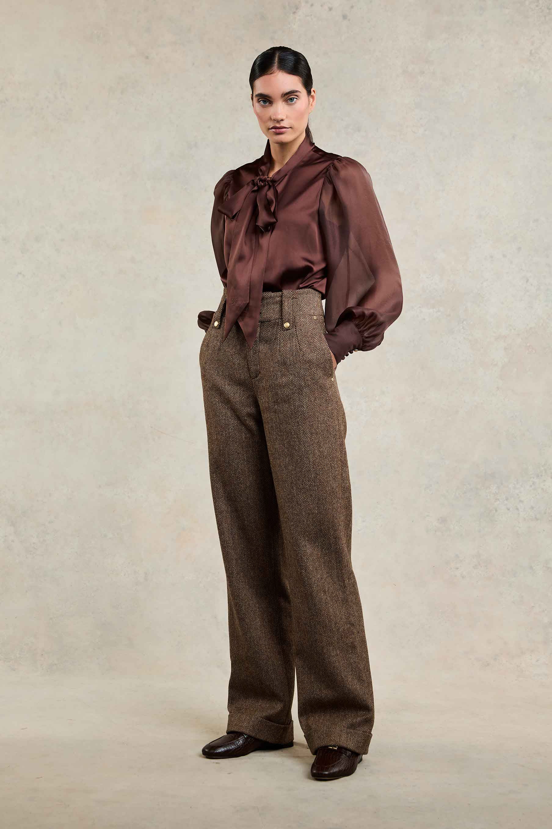 High Waisted Wide Leg Trouser (Large Scale Brown Herringbone) - Image 4