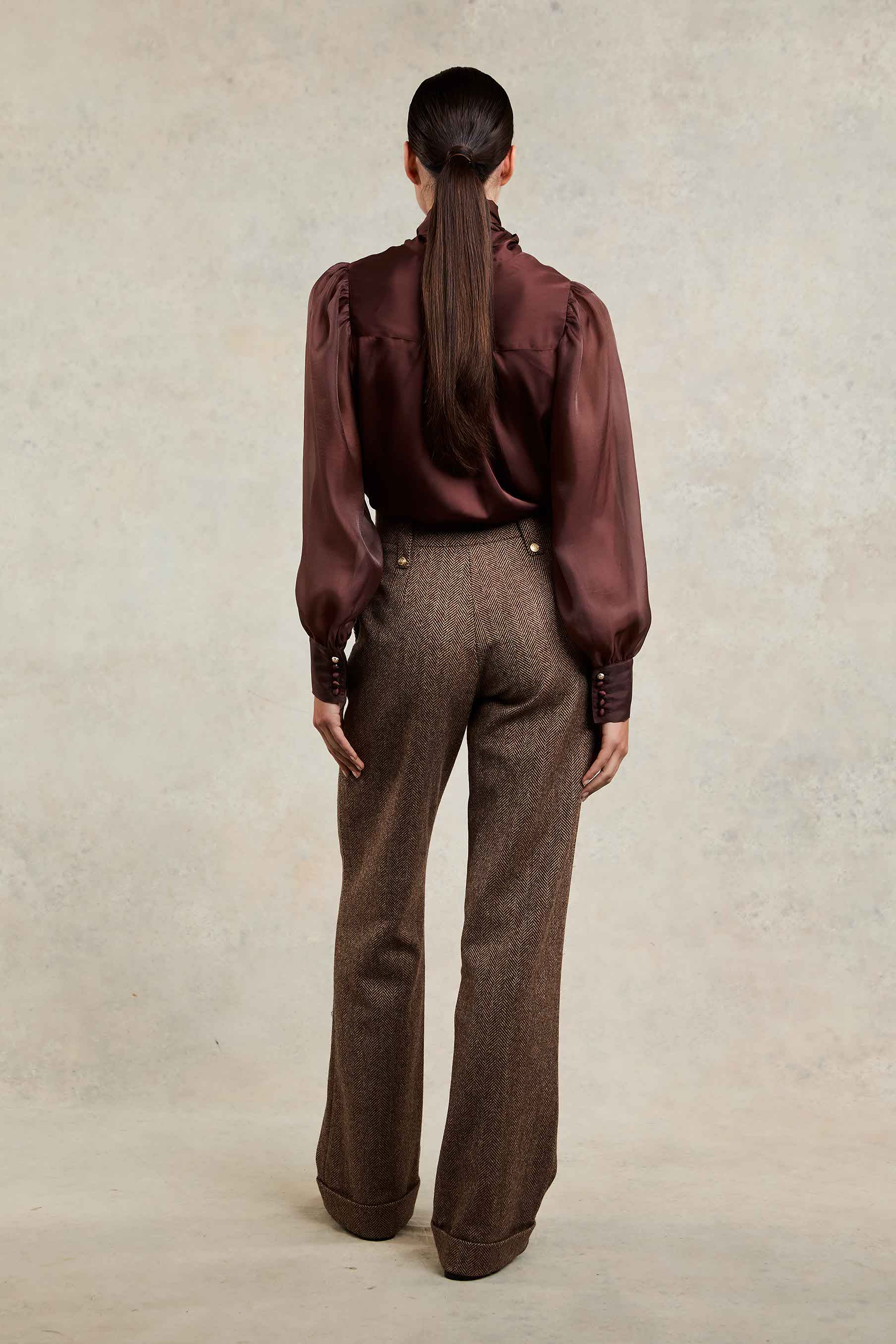 High Waisted Wide Leg Trouser (Large Scale Brown Herringbone) - Image 5