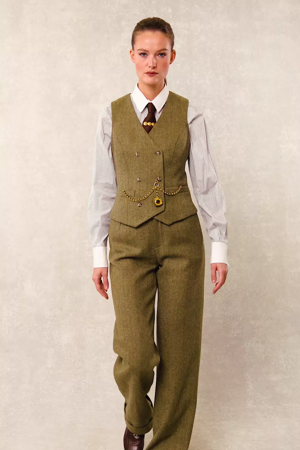 High Waisted Wide Leg Trouser (Moss Herringbone) - Image 5