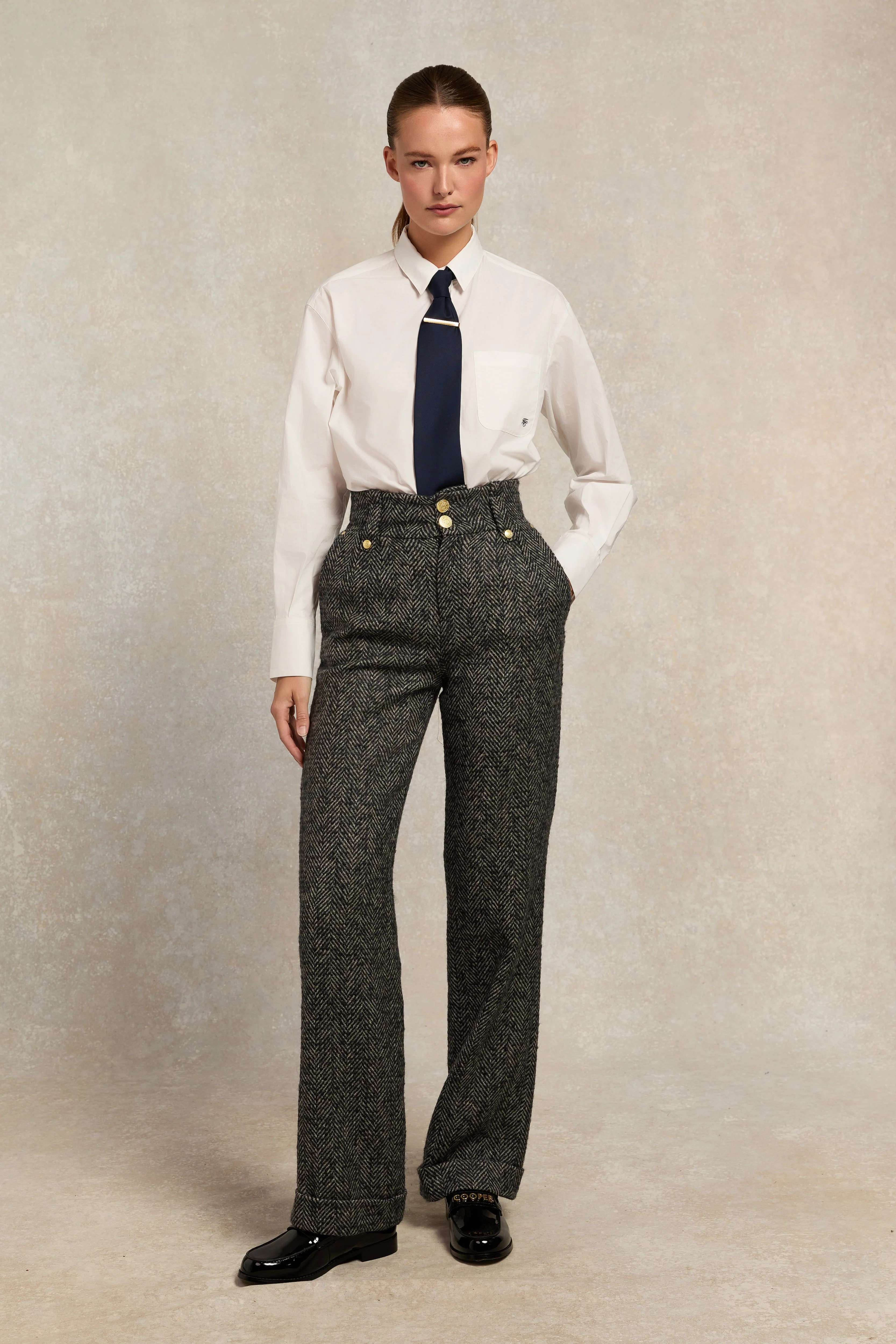 High Waisted Wide Leg Trouser (Ebony Herringbone) - Image 2